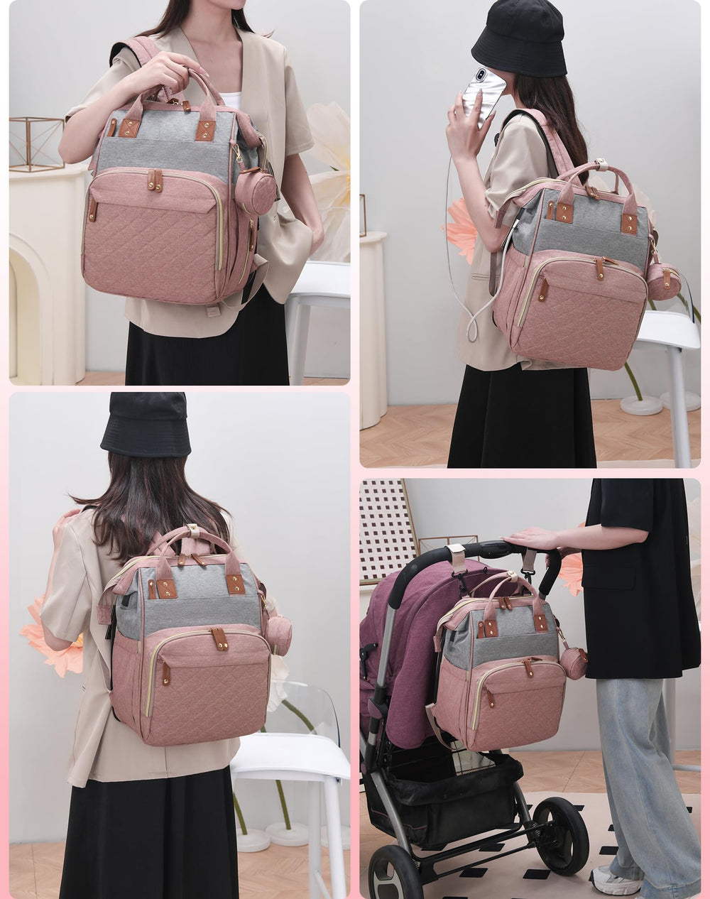 Lamroro 3-in-1 design adapts as backpack, handbag, or stroller attachment