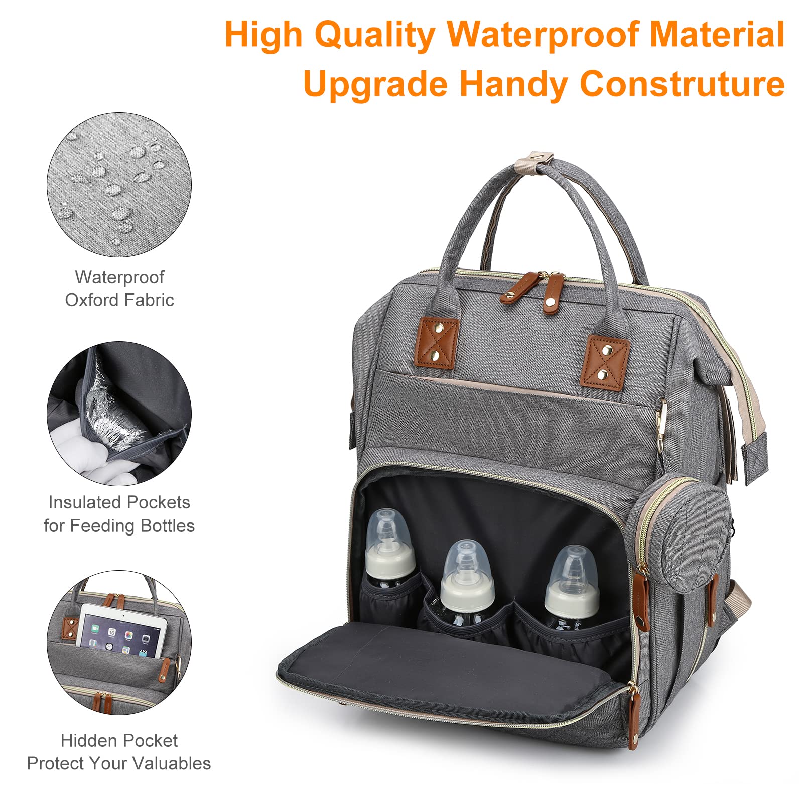 Lamroro diaper bag waterproof outer fabric keeps contents dry in rain.