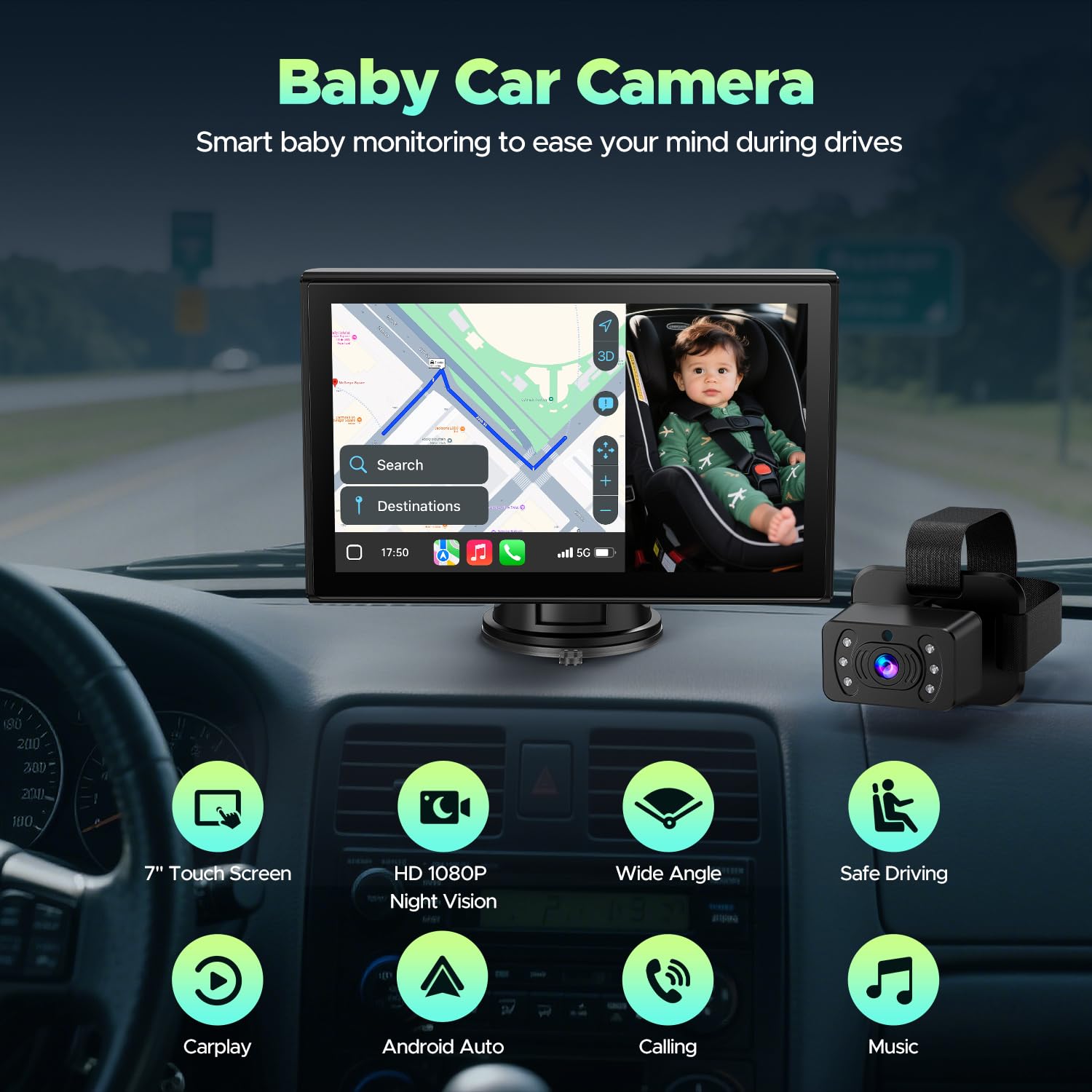 LAMTTO wireless CarPlay/Android Auto display enables maps and calls on car screen.