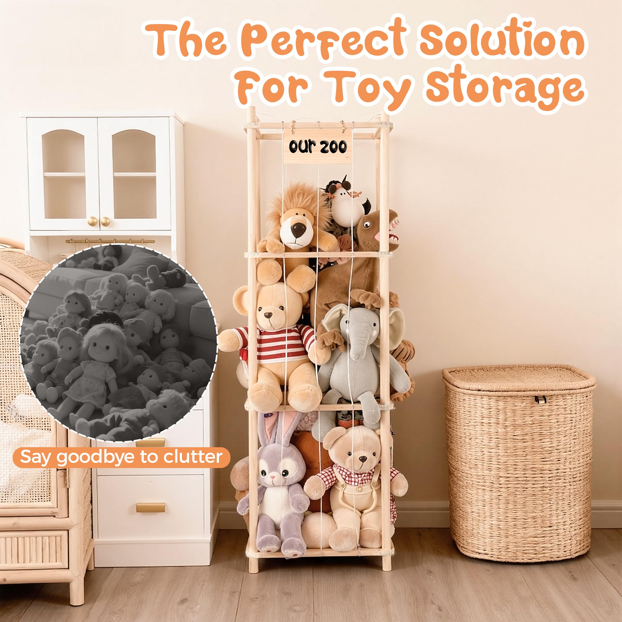 LAMU stuffed animal storage space-saving-tower keeps rooms tidy and open.