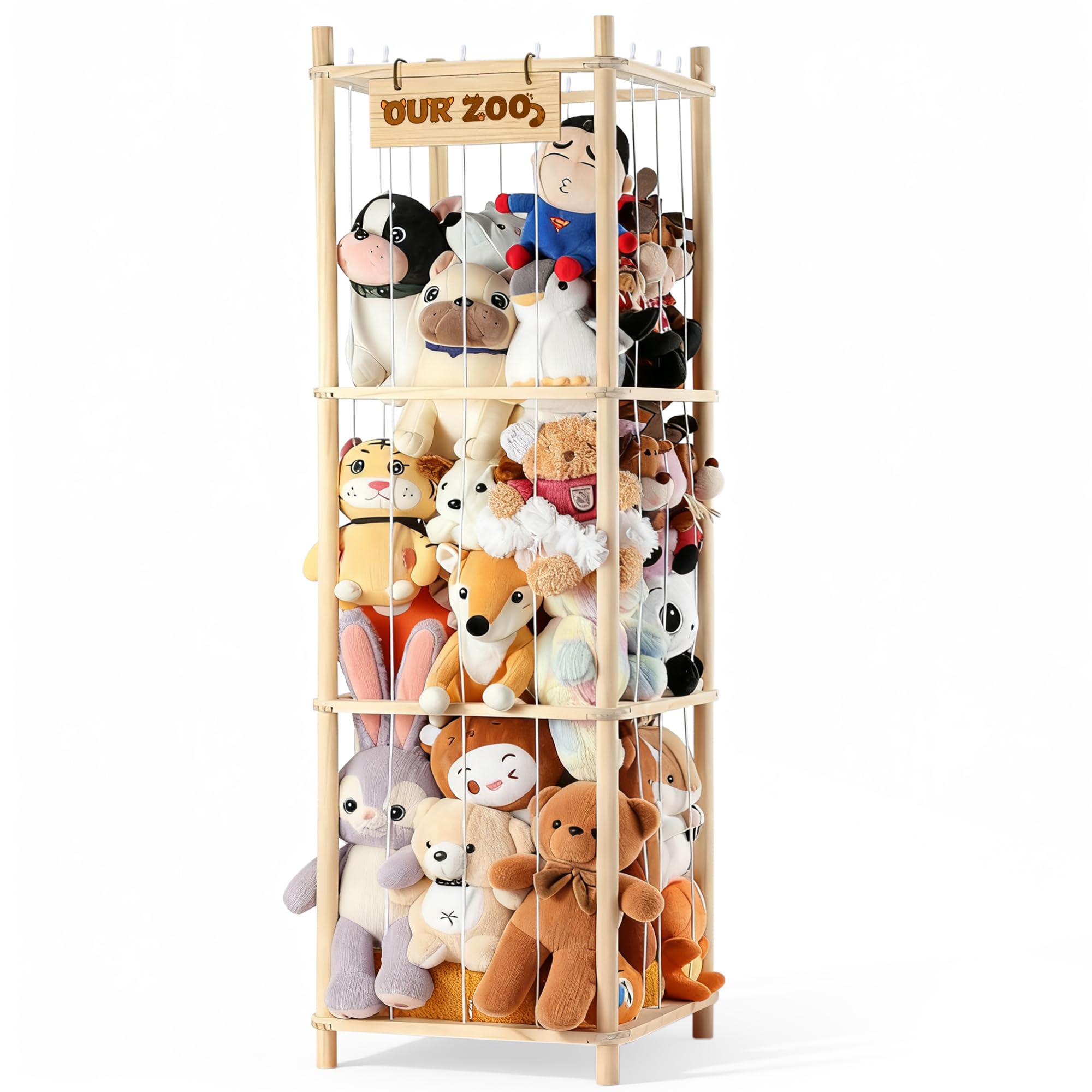 LAMU stuffed animal storage wooden-zoo-tower showcases sturdy pine construction for clutter-free playroom.