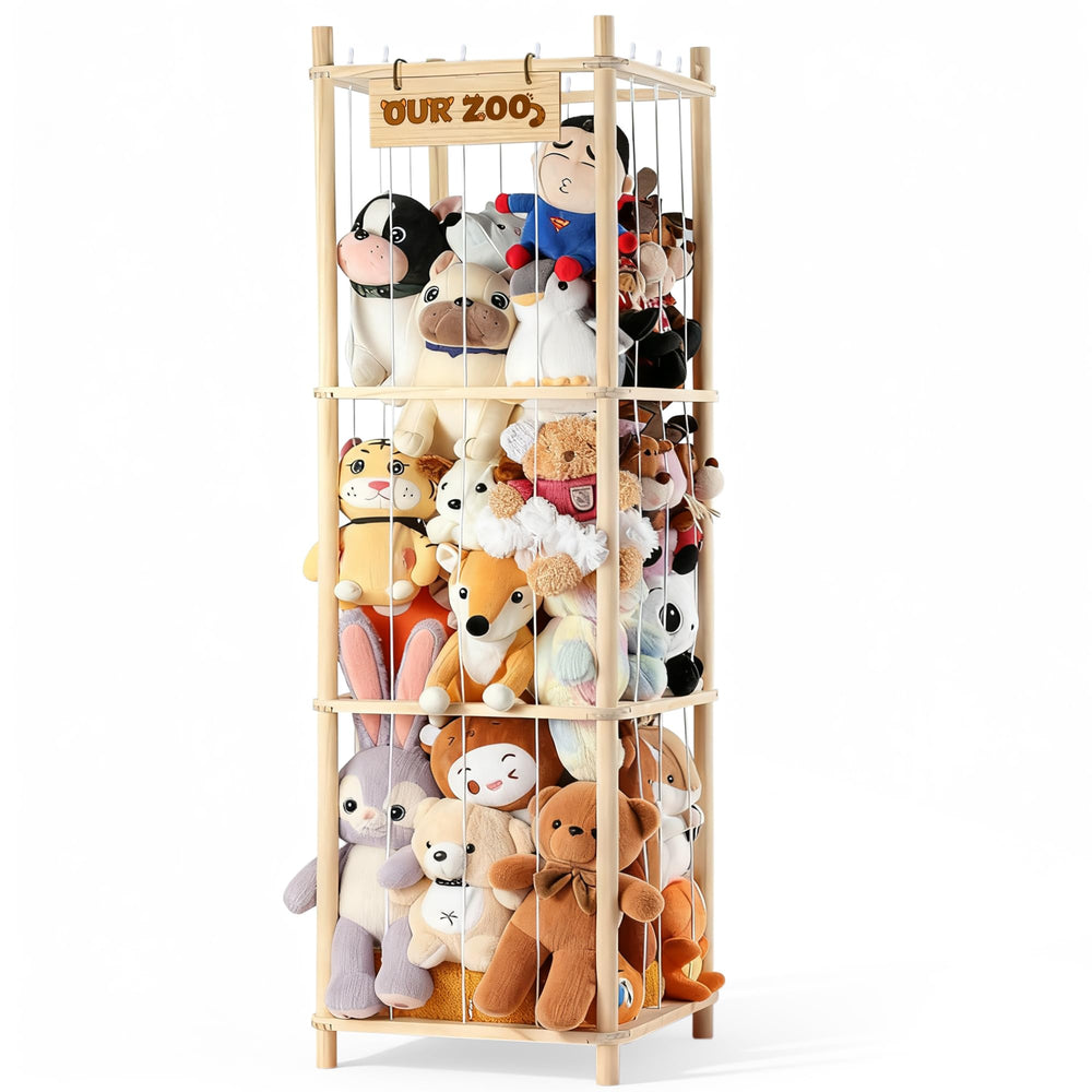 LAMU stuffed animal storage wooden-zoo-tower showcases sturdy pine construction for clutter-free playroom.