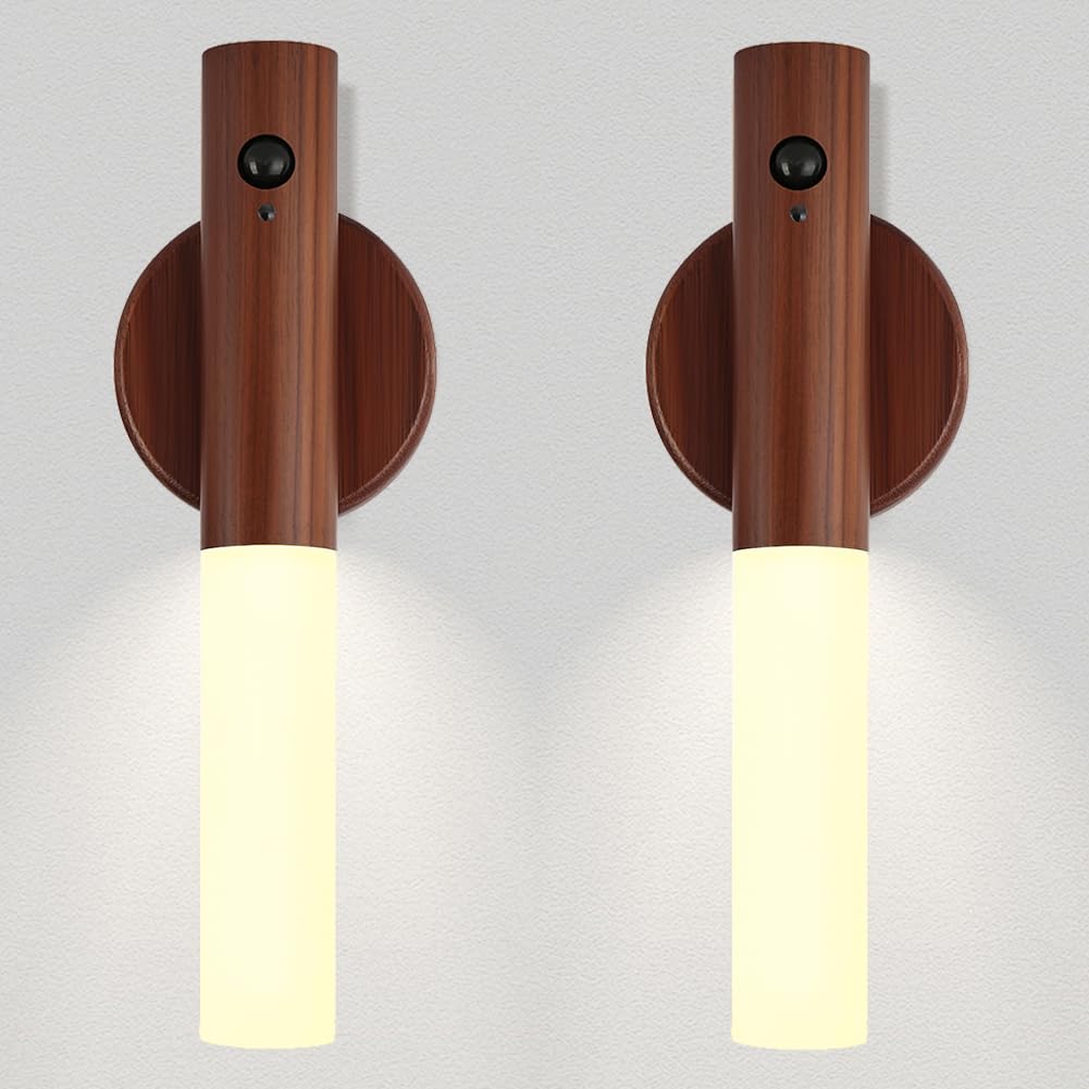 LANDGOO walnut wood LED nursery night light with warm glow and natural grain detail.