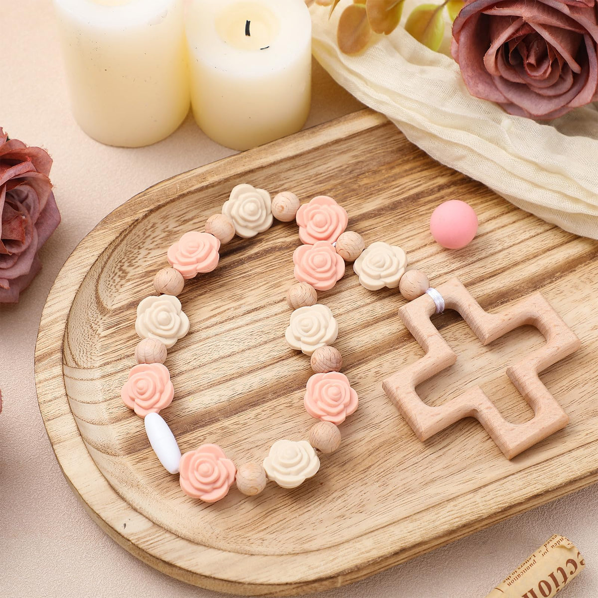 Landical baptism rosary rose pink closeup, soft-touch beads ideal keepsake for baby ceremony