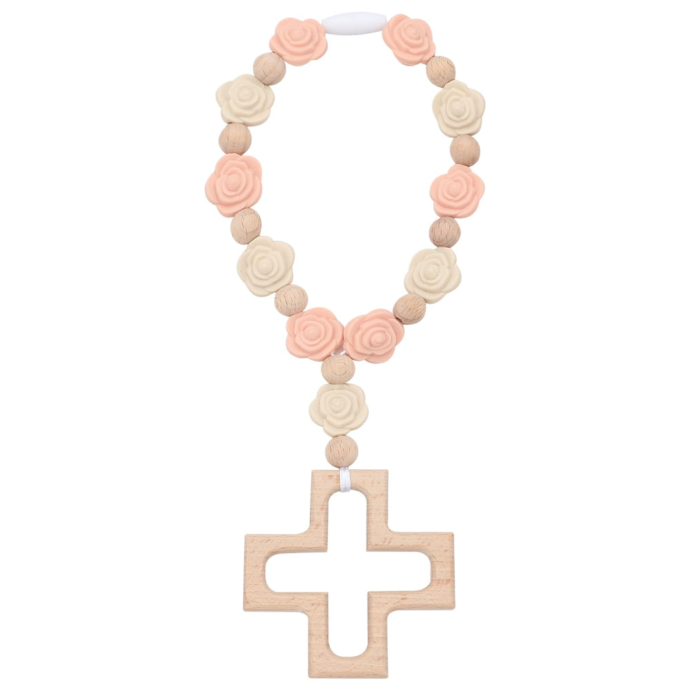 Landical rosary cross detail, pink silicone roses, durable portable keepsake for baptism party