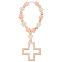 Landical rosary cross detail, pink silicone roses, durable portable keepsake for baptism party