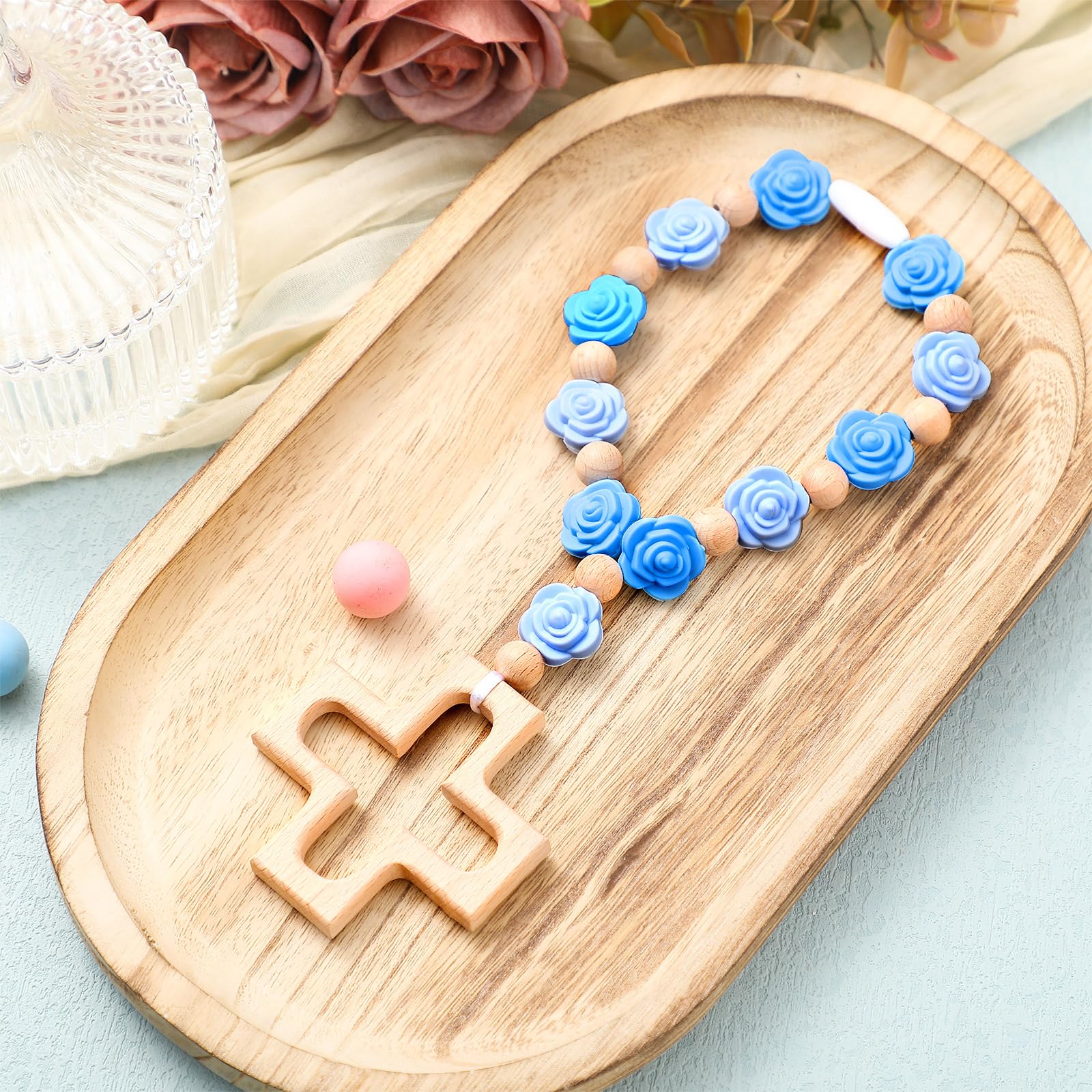 Landical Cross Baptism Silicone Rosary close-up of blue roses, ideal infant keepsake