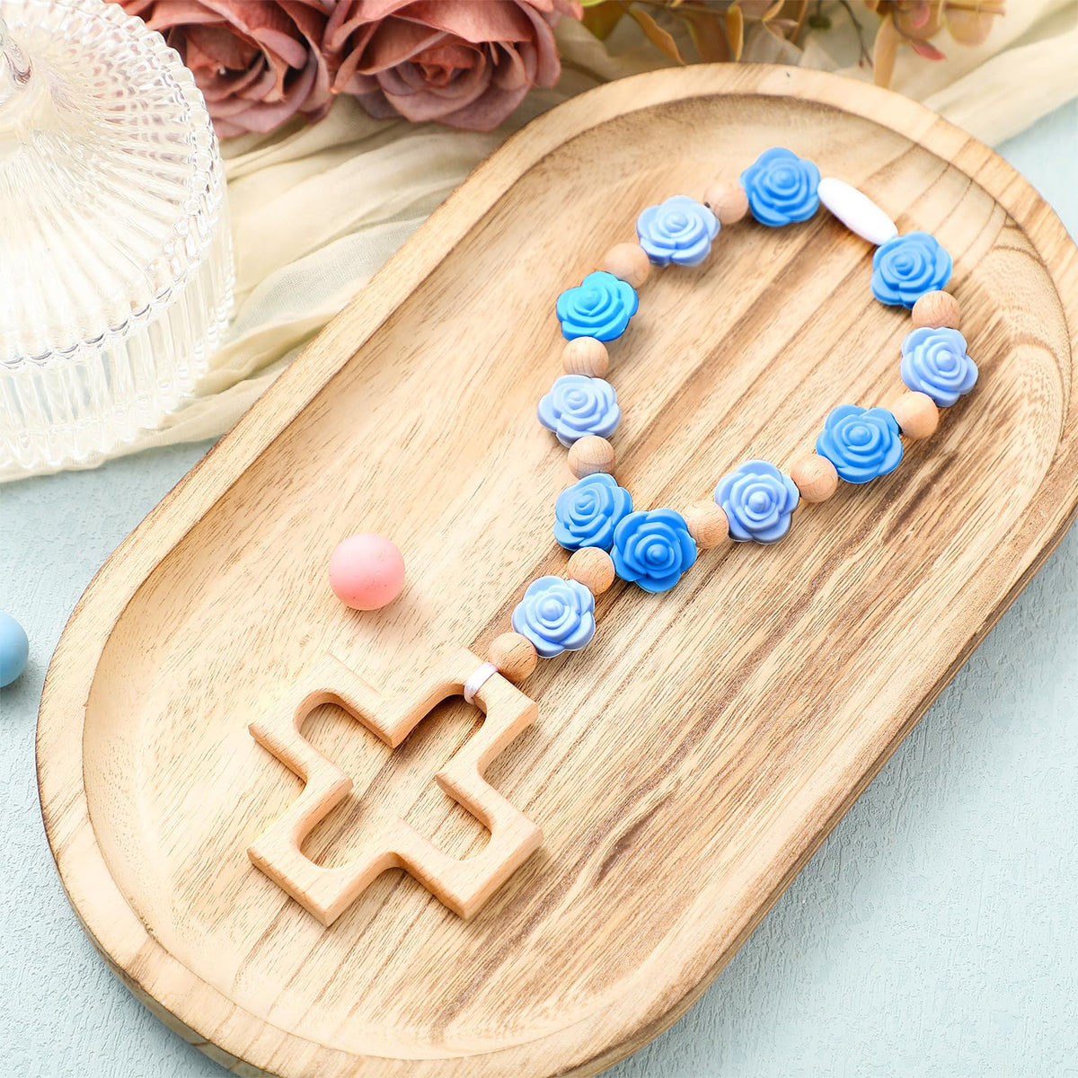 Landical Cross Baptism Silicone Rosary close-up of blue roses, ideal infant keepsake