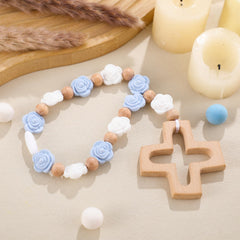 Landical cross baptism silicone rosary with blue roses for keepsake