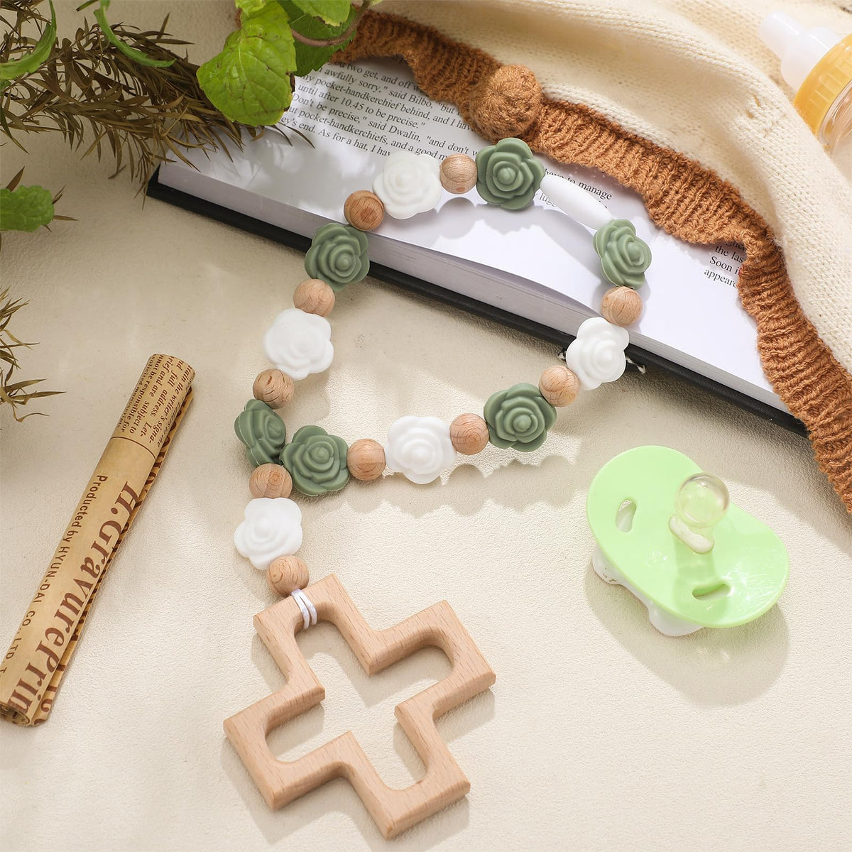 Landical cross baptism silicone rosary with rose pendant, a keepsake for baby baptism.