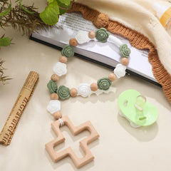 Landical cross baptism silicone rosary with rose pendant, a keepsake for baby baptism.
