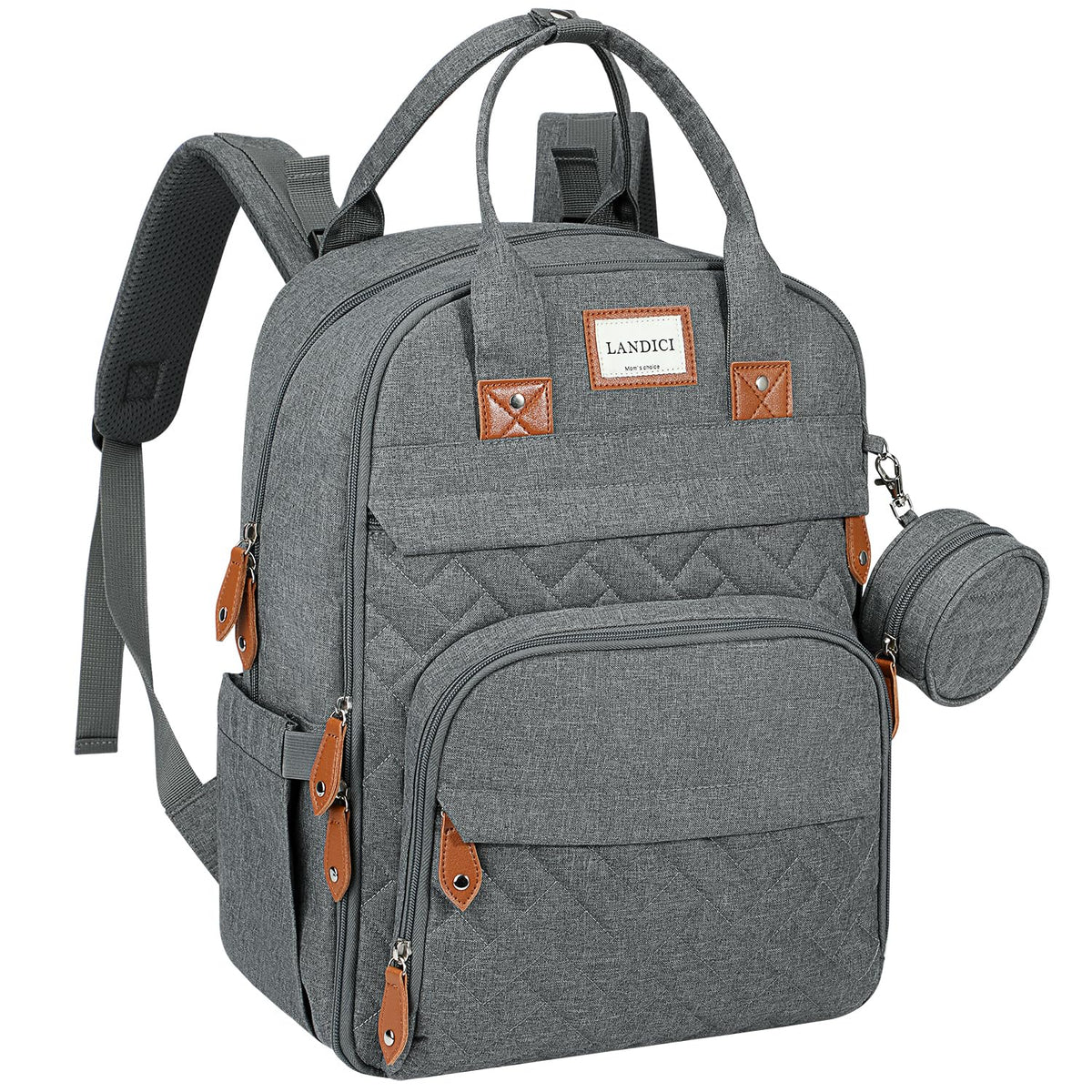 LANDICI diaper bag backpack front view highlights spacious compartments for organized on-the-go essentials