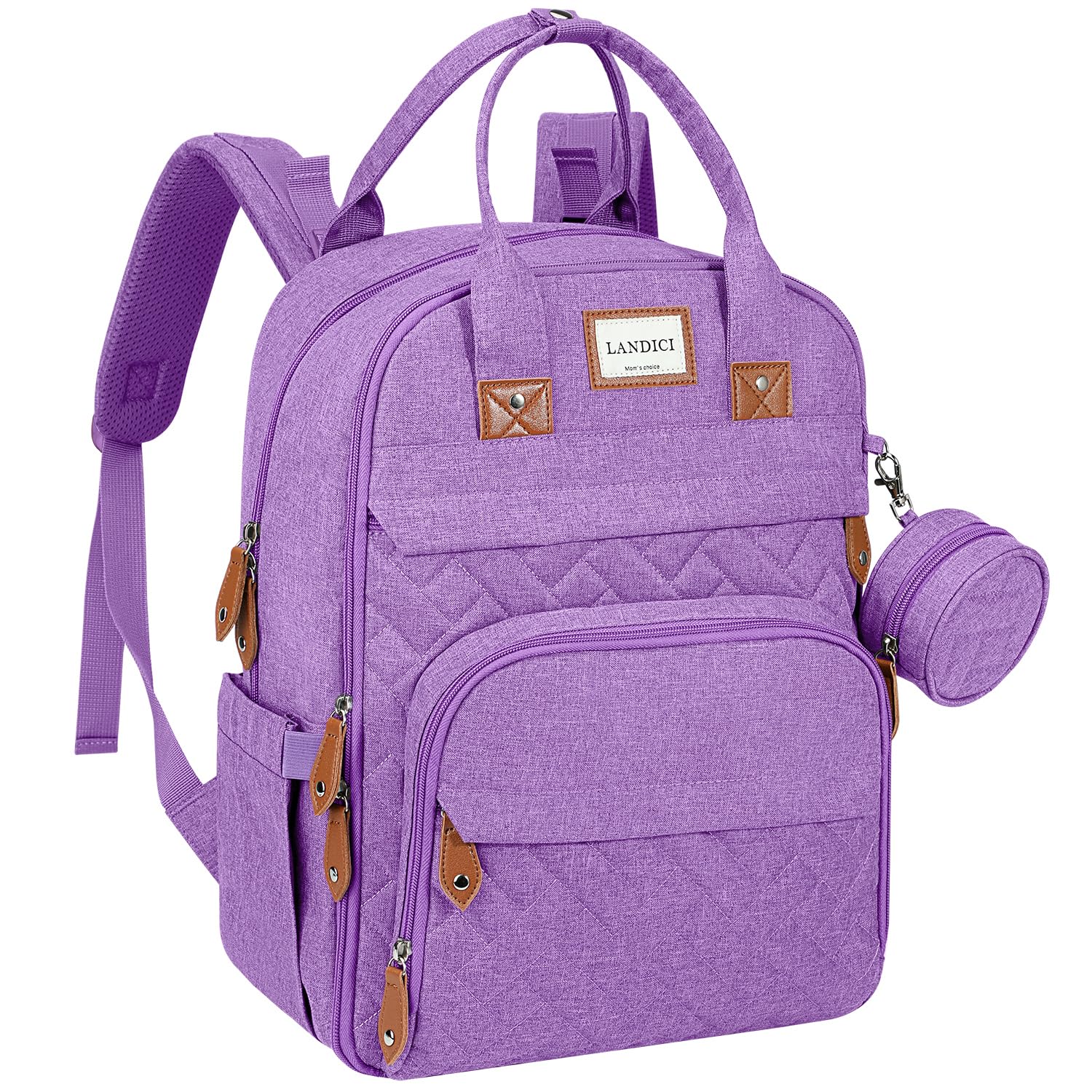LANDICI diaper bag backpack lavender front view showing organized storage for parents