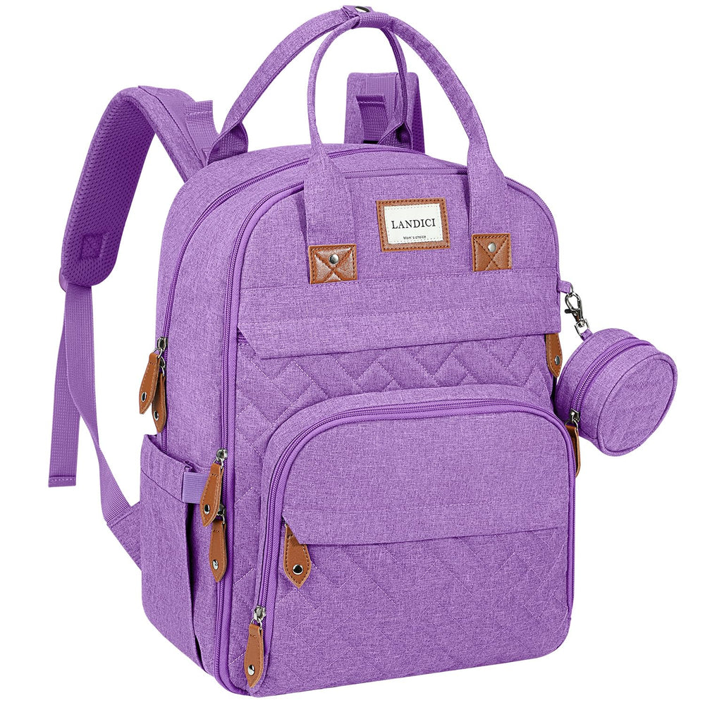 LANDICI diaper bag backpack lavender front view showing organized storage for parents