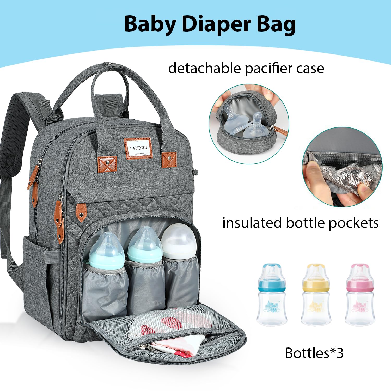 LANDICI diaper bag backpack open compartments shows easy access to baby gear