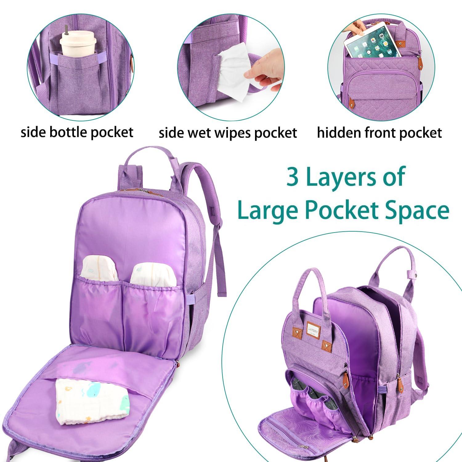 LANDICI diaper bag backpack padded straps reduce shoulder strain during long outings