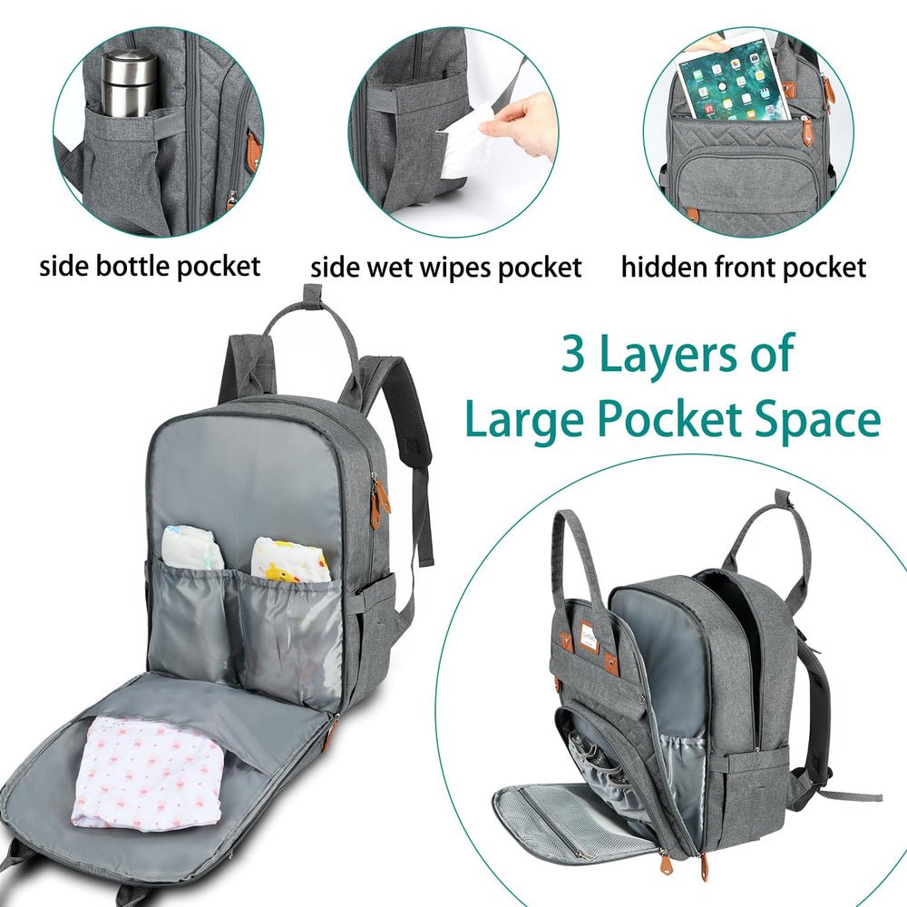 LANDICI diaper bag backpack with stroller attachment demonstrates hands-free transport during strolls