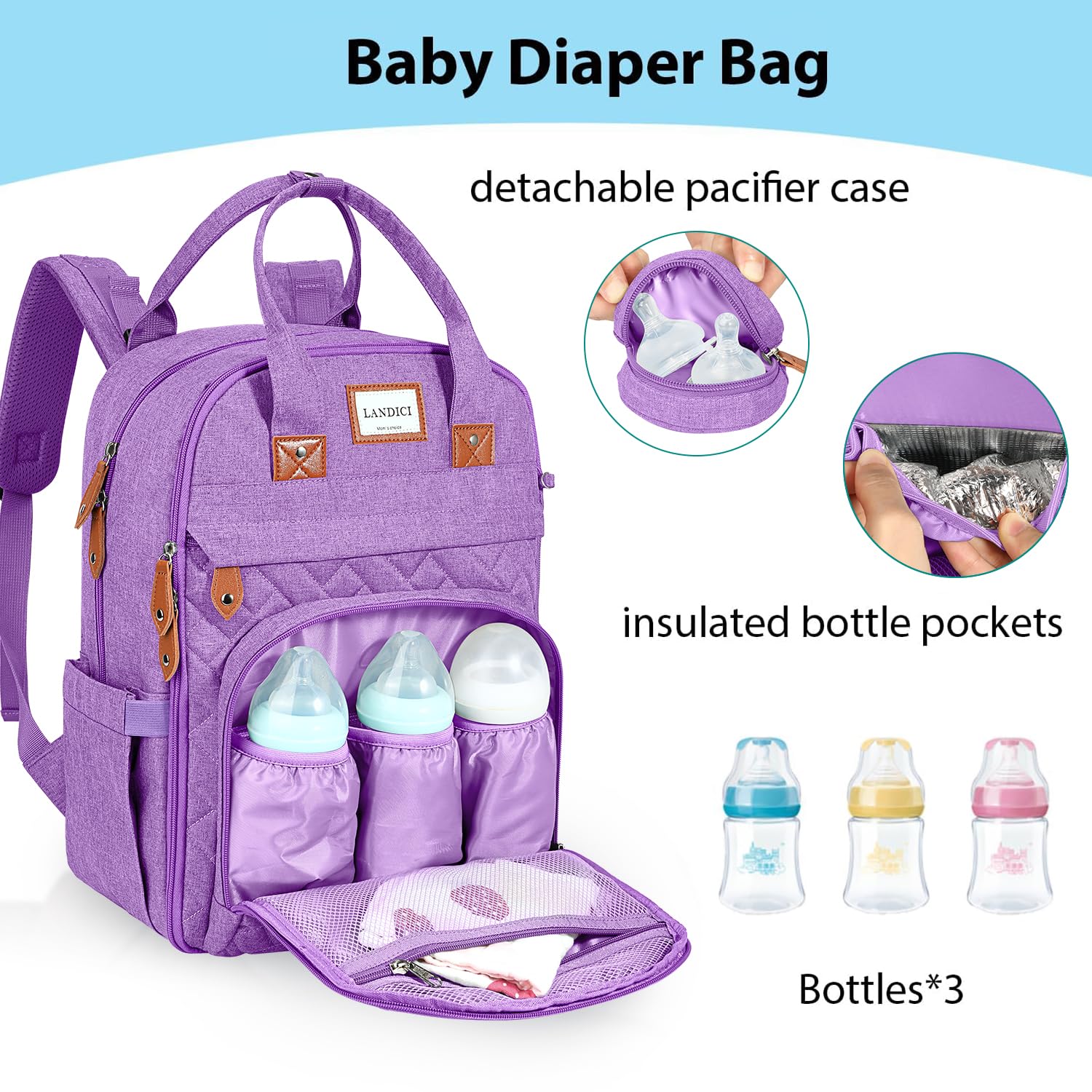 LANDICI diaper bag backpack stroller attachment for hands-free outings
