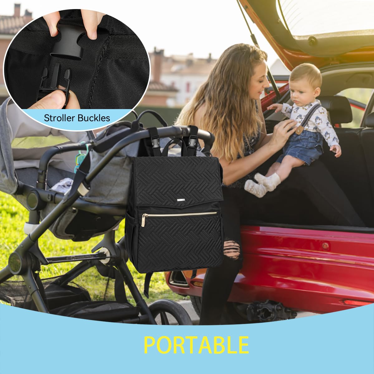 LANDICI diaper bag backpack-stroller-straps—stroller attachment for hands-free travel.