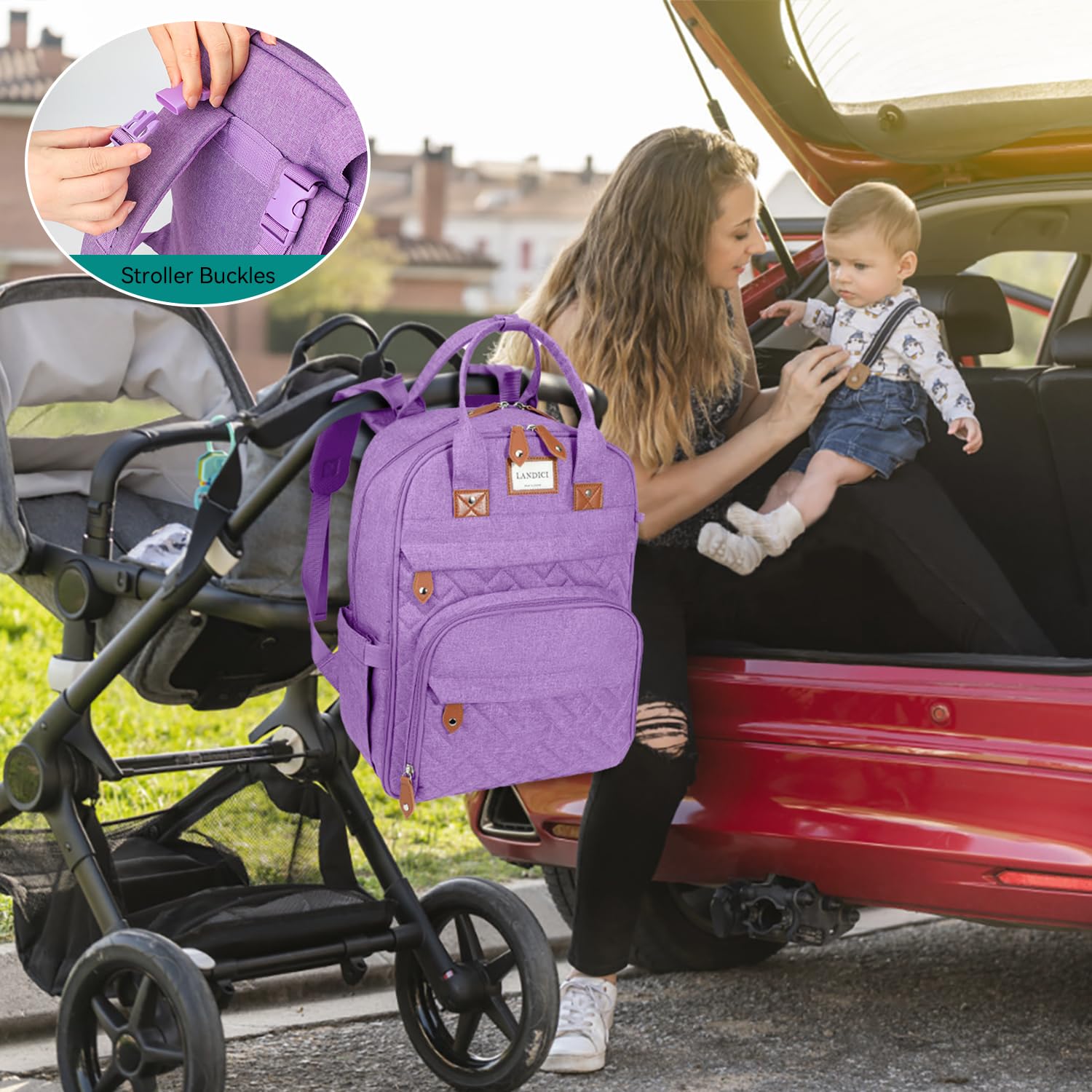LANDICI diaper bag backpack waterproof fabric keeps baby gear protected in wet weather