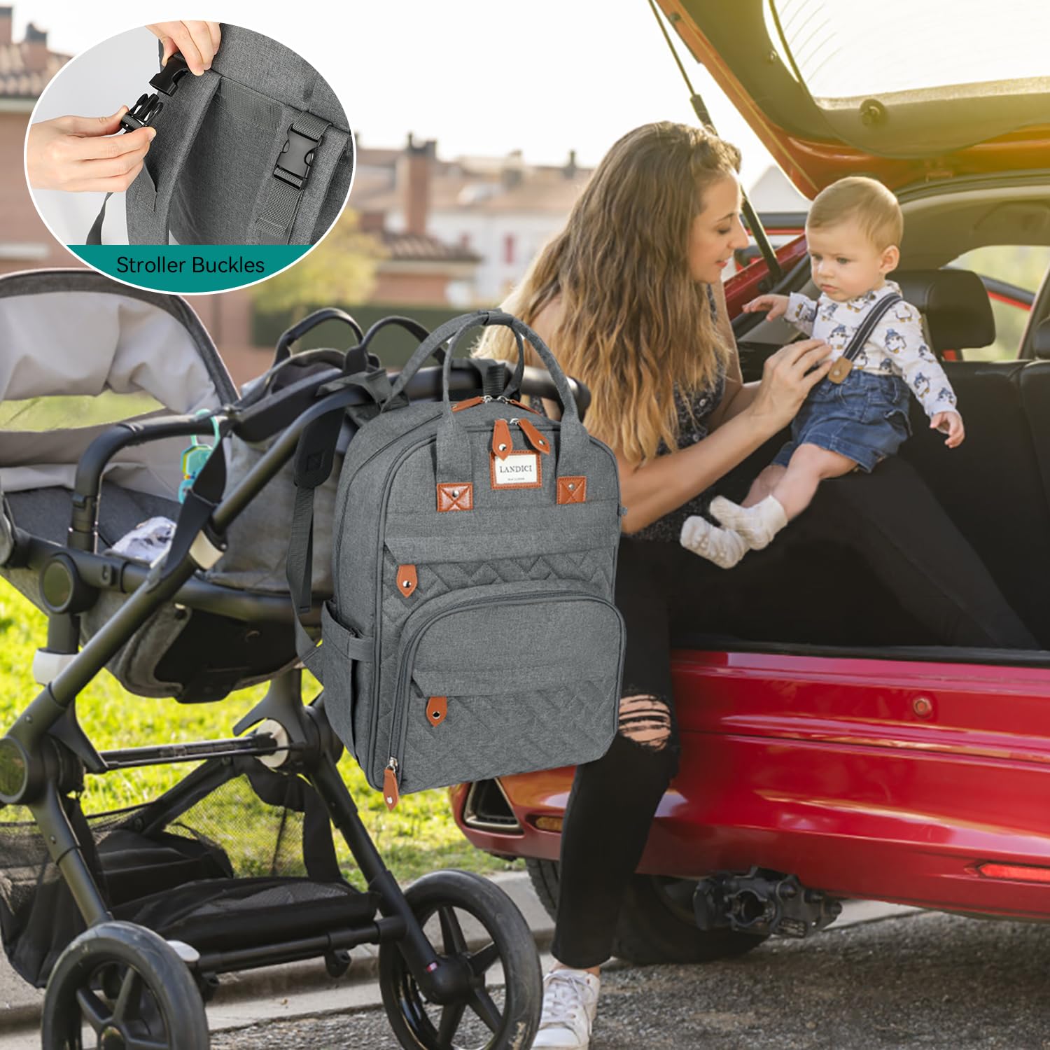 LANDICI diaper bag backpack waterproof fabric withstands everyday spills and weather
