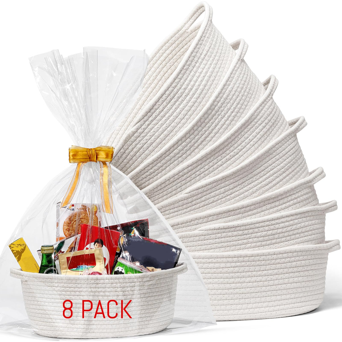 LANDNEOO 8-pack woven basket gift bags ribbons 12x8x5 for easy gifting and storage