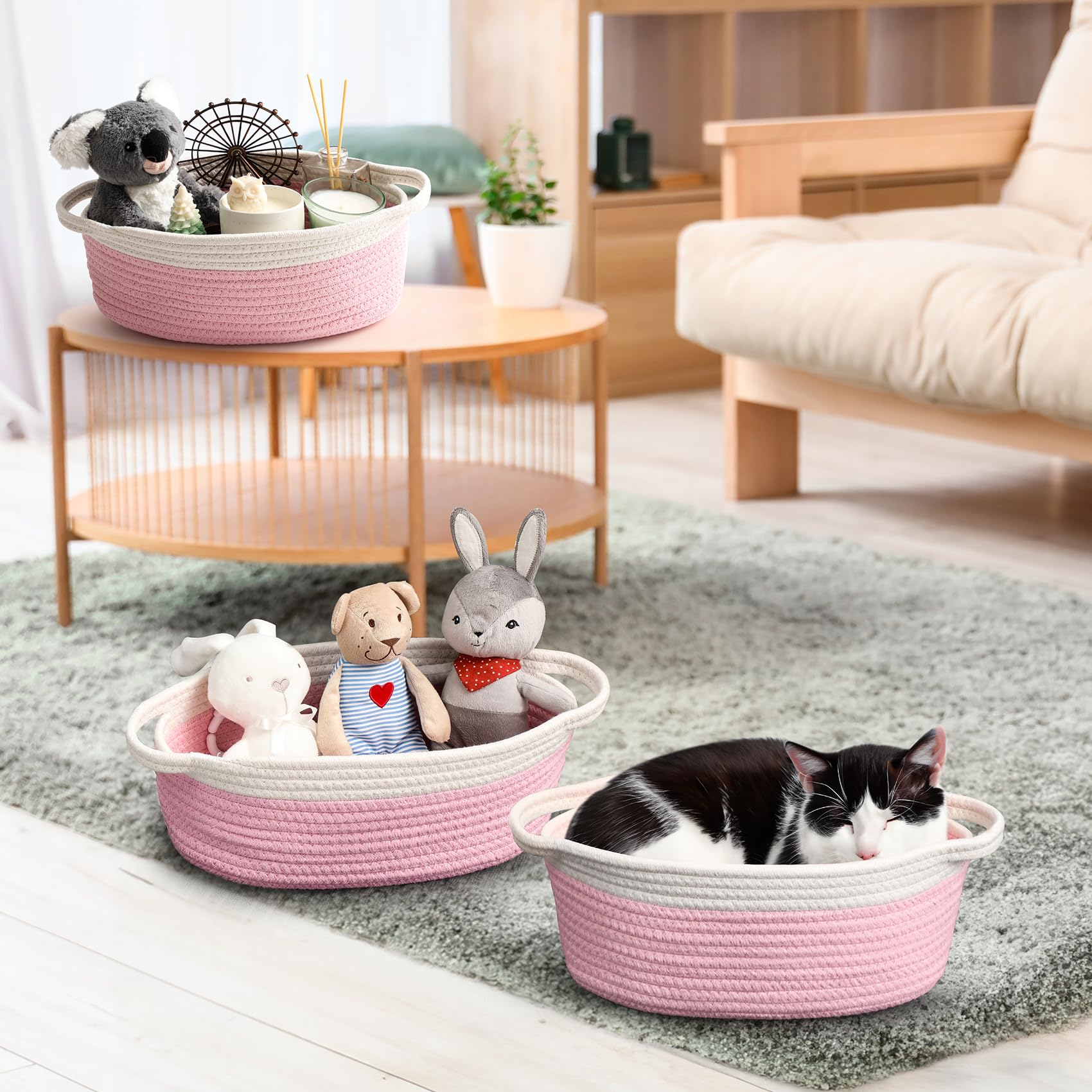 LANDNEOO nursery-storage-pink-basket highlights versatile storage for toys, books, and clothes.