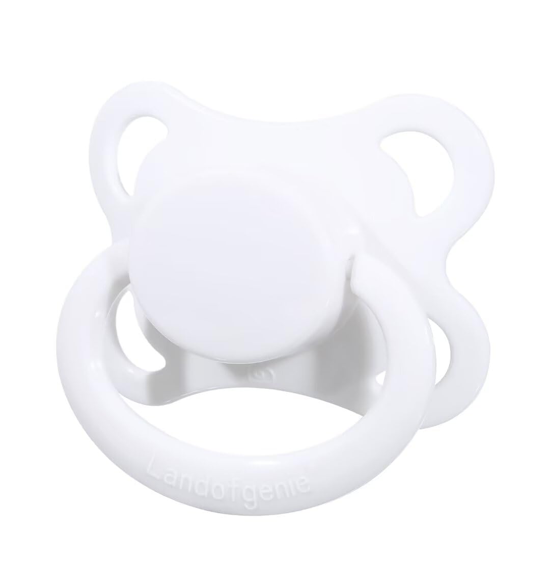 Landofgenie pacifier with shield logo white, unique brand branding for a calming routine