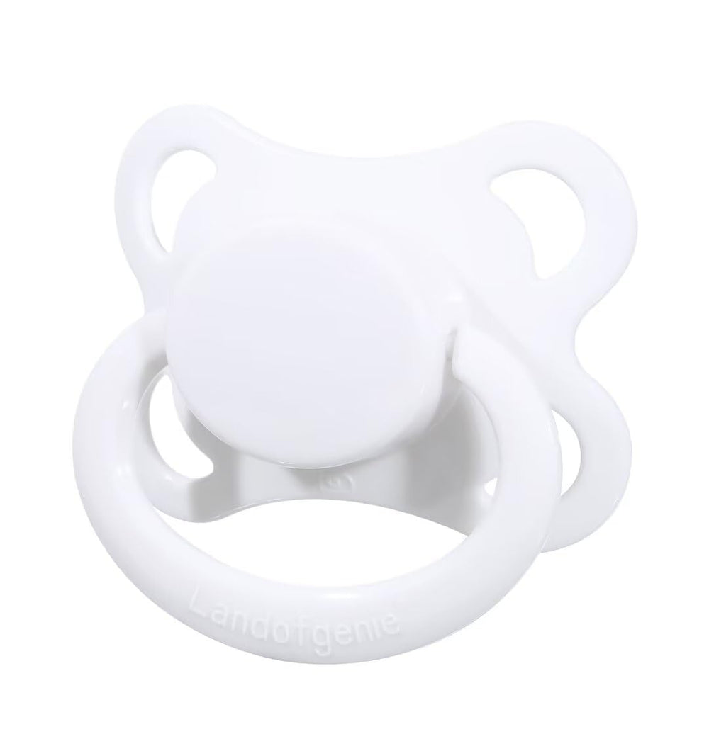 Landofgenie pacifier with shield logo white, unique brand branding for a calming routine