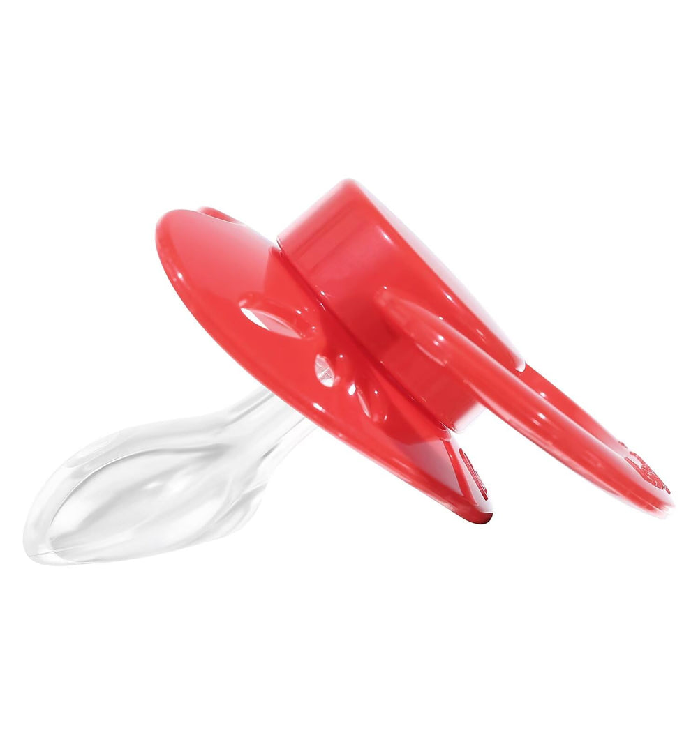 Landofgenie red pacifier on nightstand suitable for relaxing routines