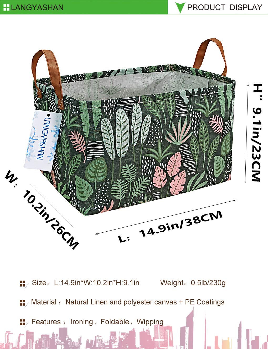 LANGYASHAN canvas fabric storage bin with cartoon design and handles for kids' rooms.