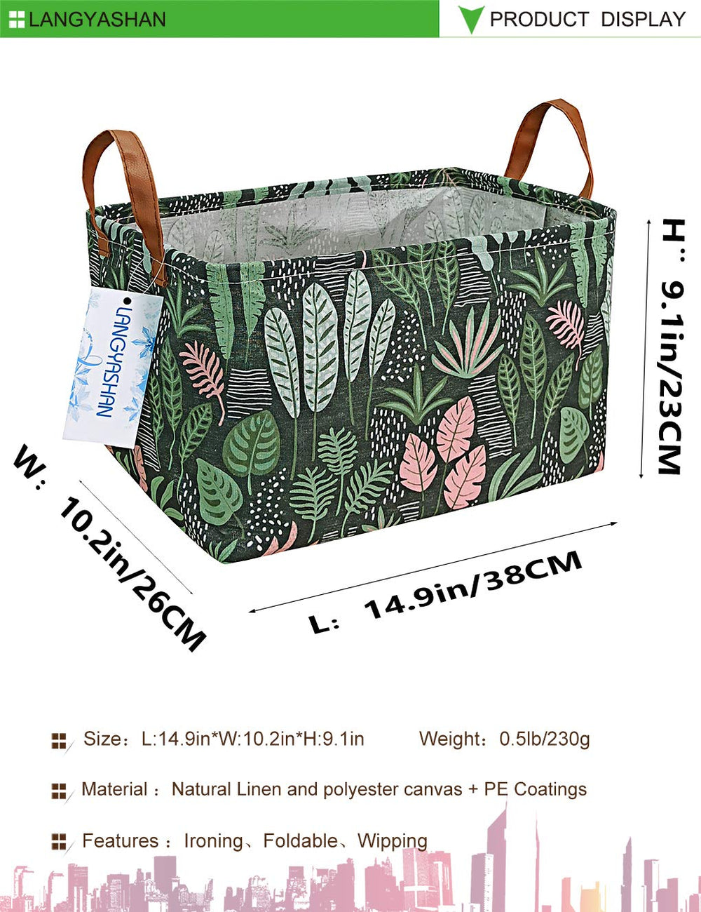 LANGYASHAN canvas fabric storage bin with cartoon design and handles for kids' rooms.