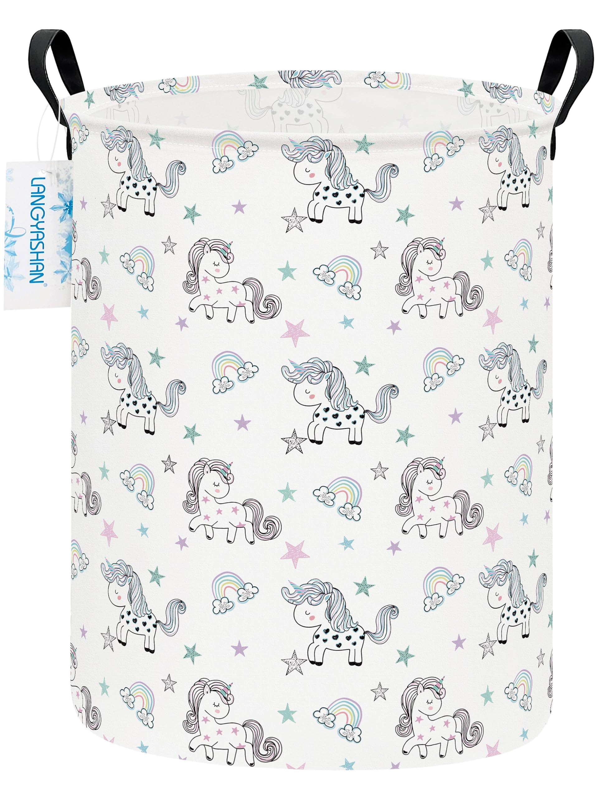 LANGYASHAN rainbow unicorn laundry basket with sturdy handles for easy transport.