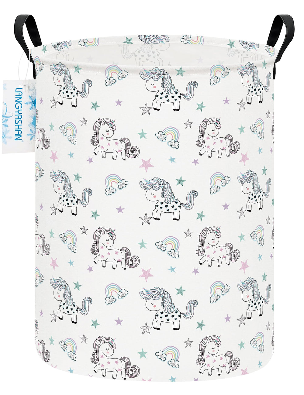 LANGYASHAN rainbow unicorn laundry basket with sturdy handles for easy transport.