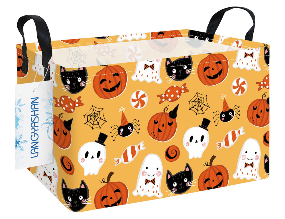 LANGYASHAN rectangular Halloween bin with pumpkin ghost design for toy organization.