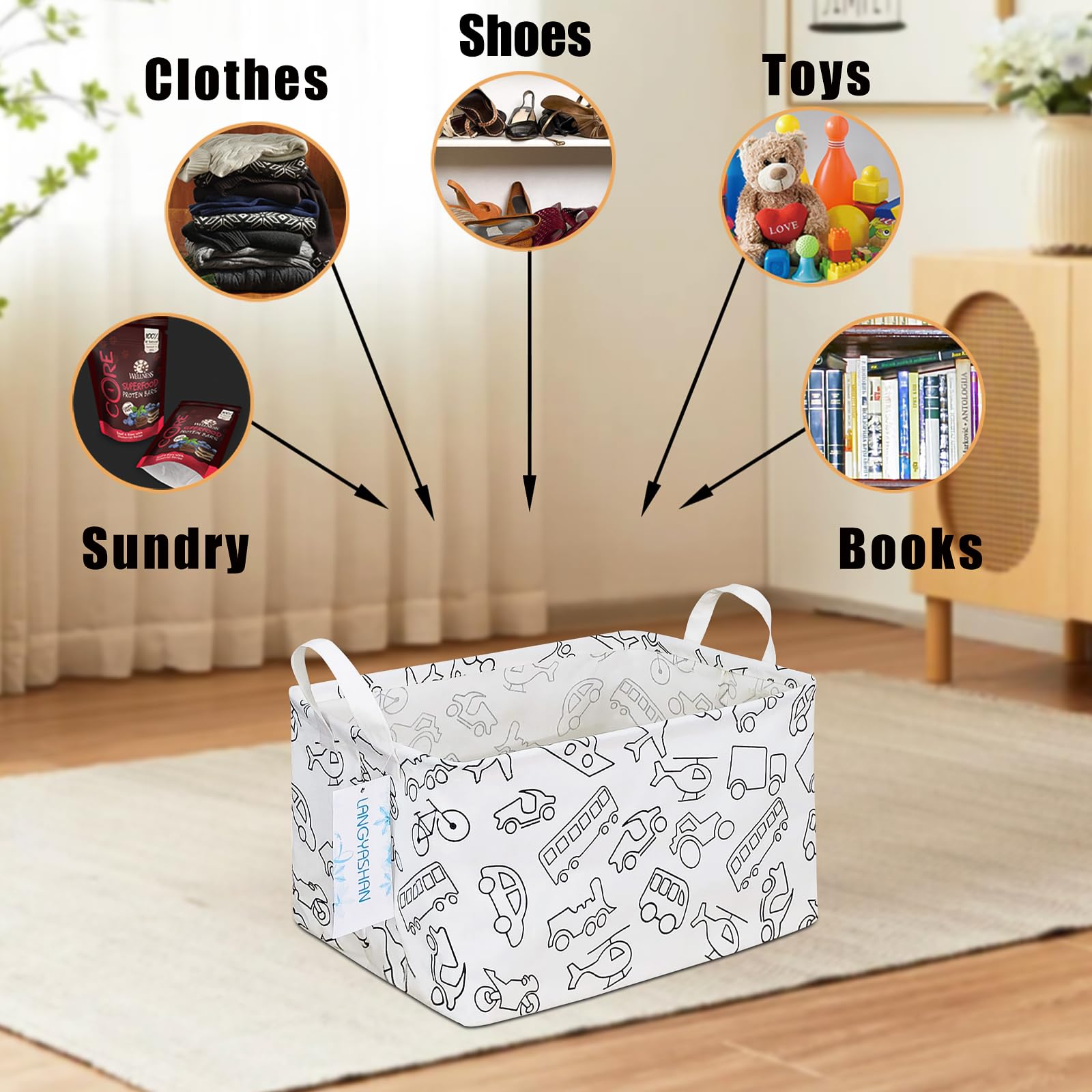 LANGYASHAN rectangular storage bin organizing toy clutter in a kids room.