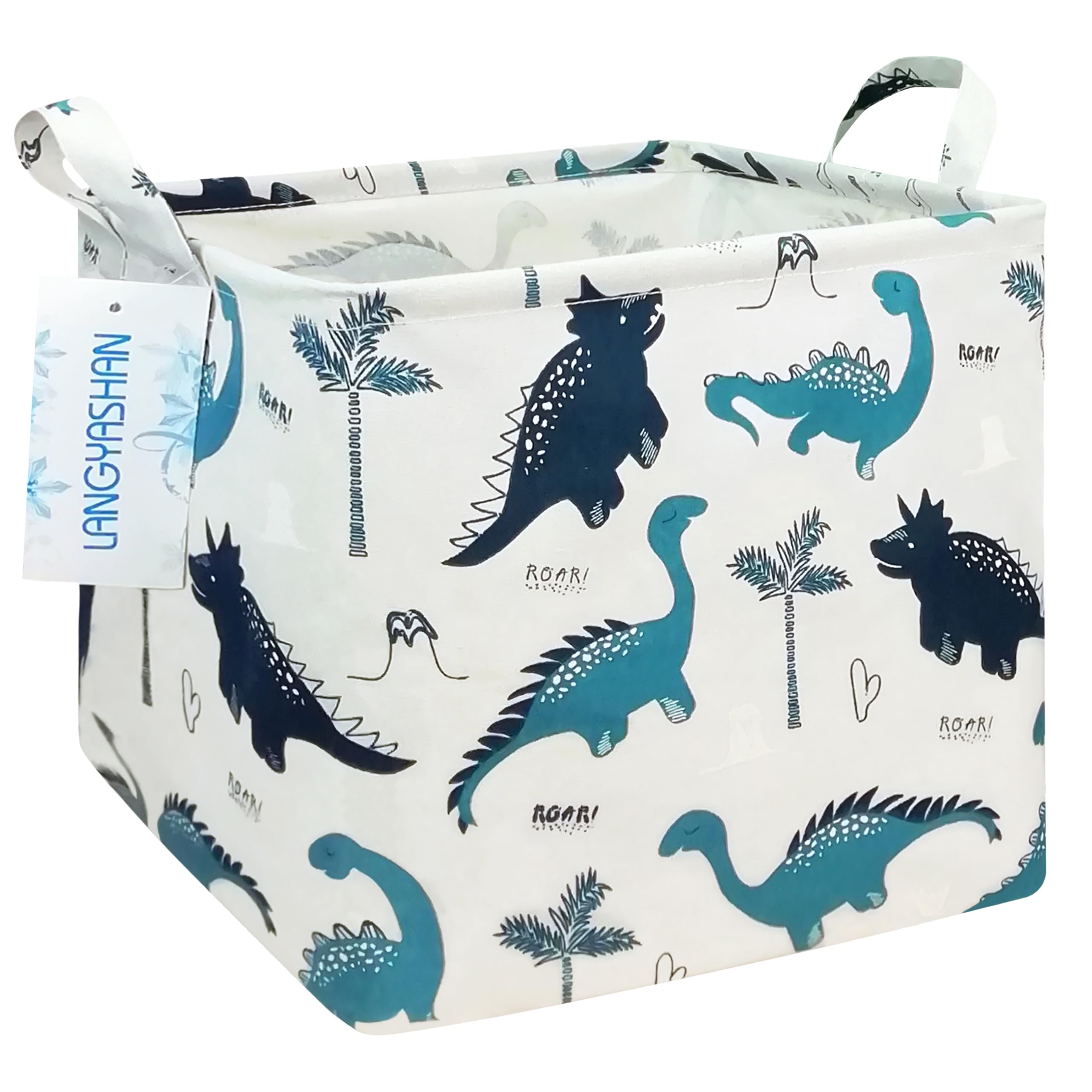 LANGYASHAN square storage basket with dinosaur pattern keeps toys organized, room decor-friendly.