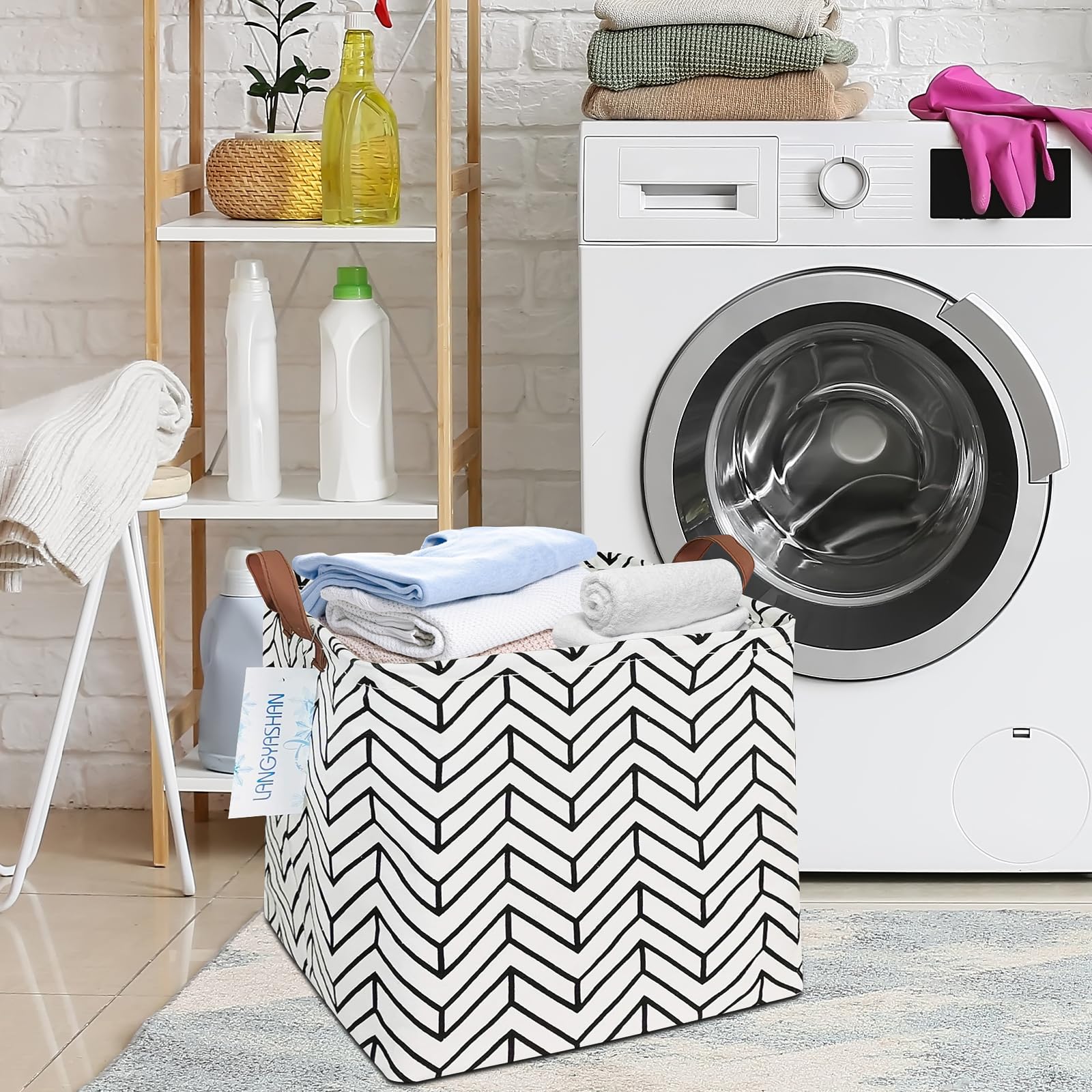 LANGYASHAN square storage basket in-use in nursery depicts toy organization and tidy shelves.