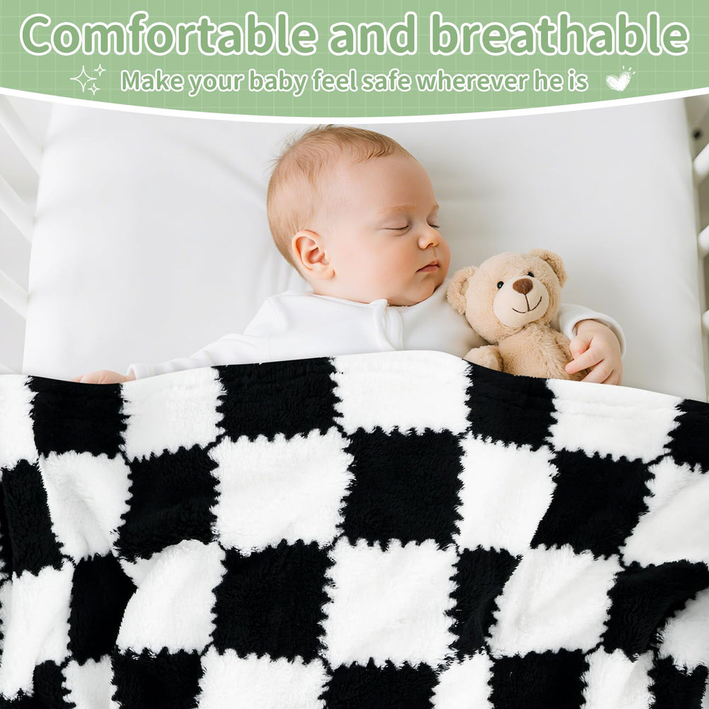 LANLISA checkered baby blanket two-pack in crib scene, versatile newborn gift