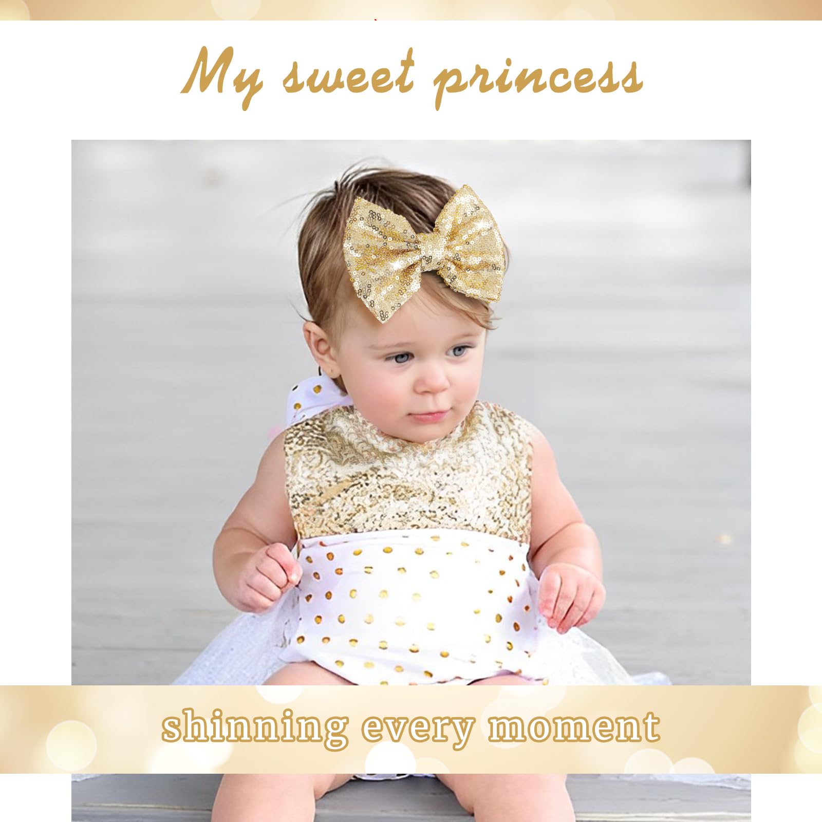Lanmerry 5-inch glitter gold hair bow side view shows elegant shine for special occasions.