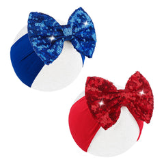 Lanmerry baby girl hair bows in red and blue sequins for patriotic outfits and photos.