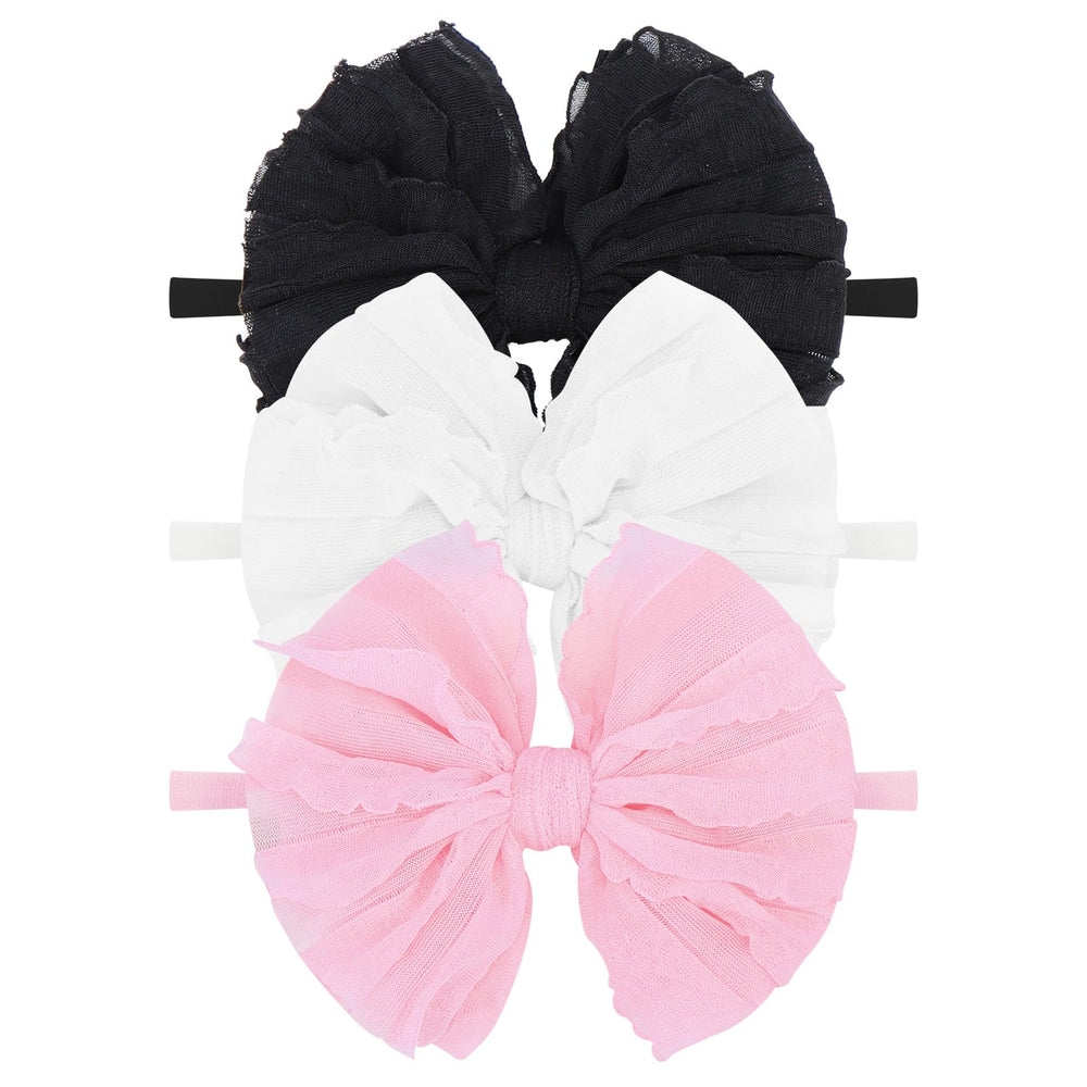 Lanmerry baby headbands 3pc lace-black close-up, showing soft fabric for versatile outfits.