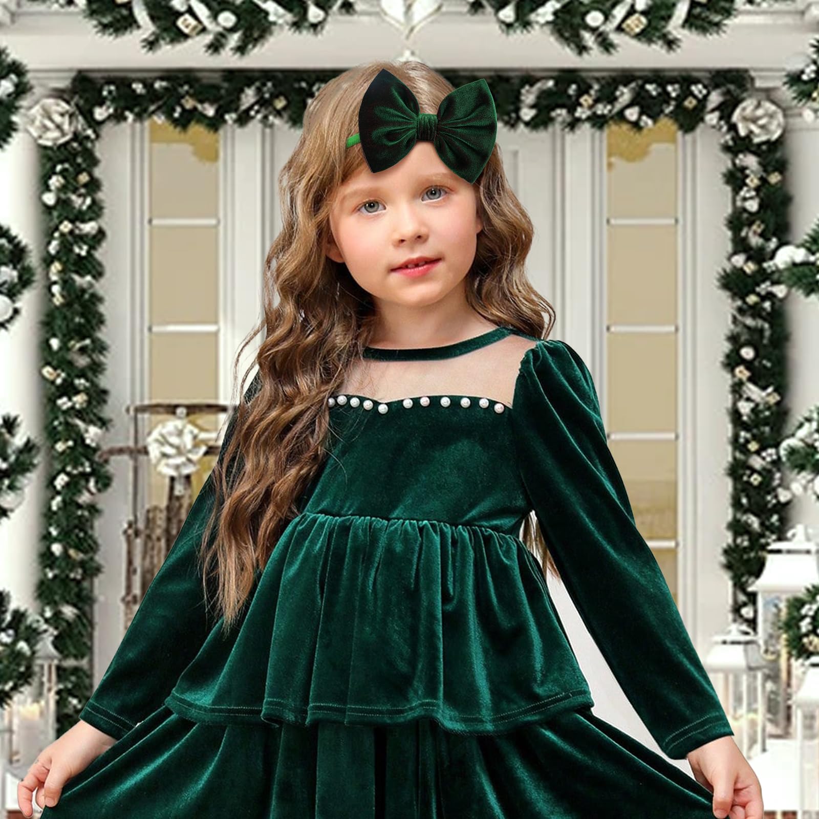 Lanmerry Christmas baby bows headband velvet green enhances winter outfit