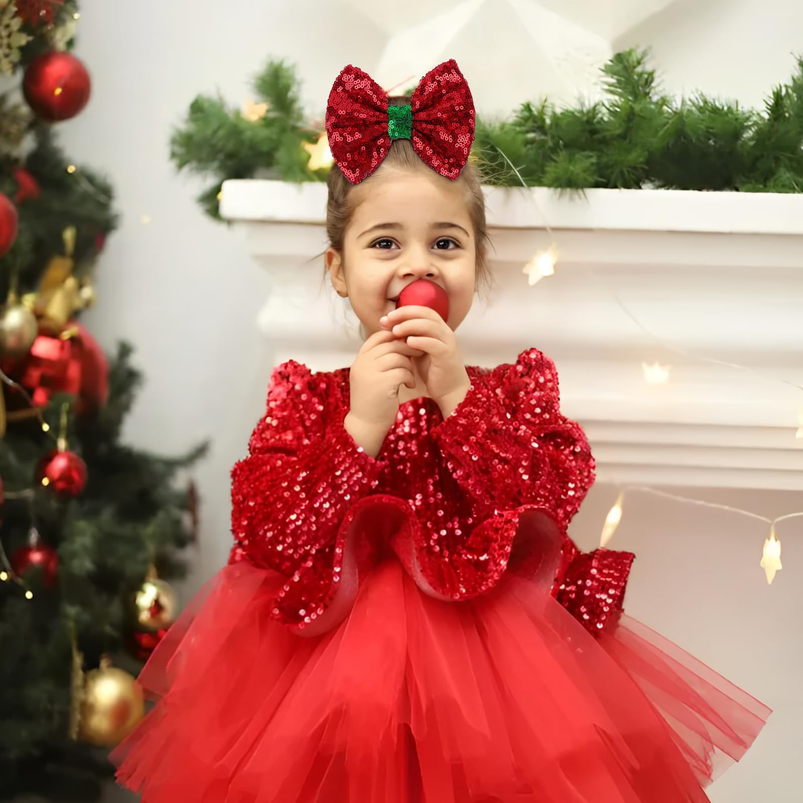 Lanmerry Christmas sequin bow clip white for adorable holiday styling