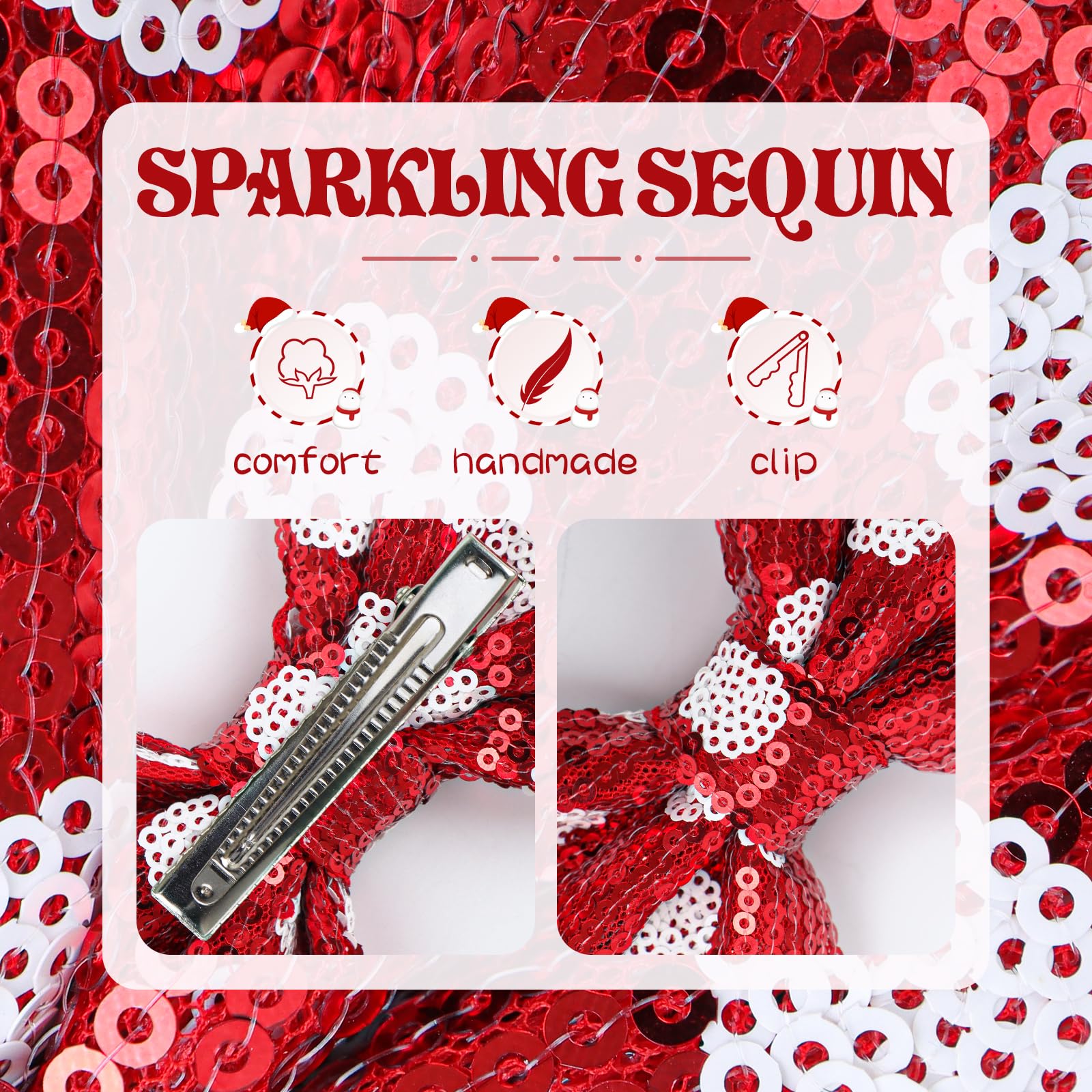 Lanmerry close-up sequin bow highlights holiday sparkle and quality fabric.