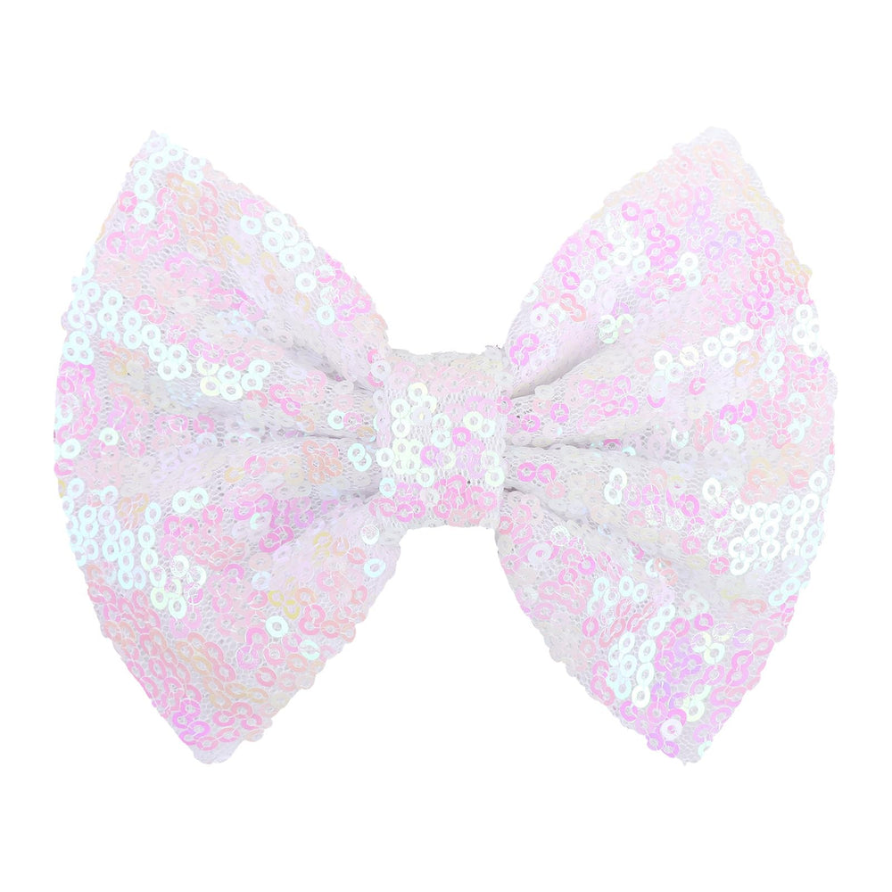 Lanmerry hair bow clip white sequin closeup adds sparkling detail for special occasions.