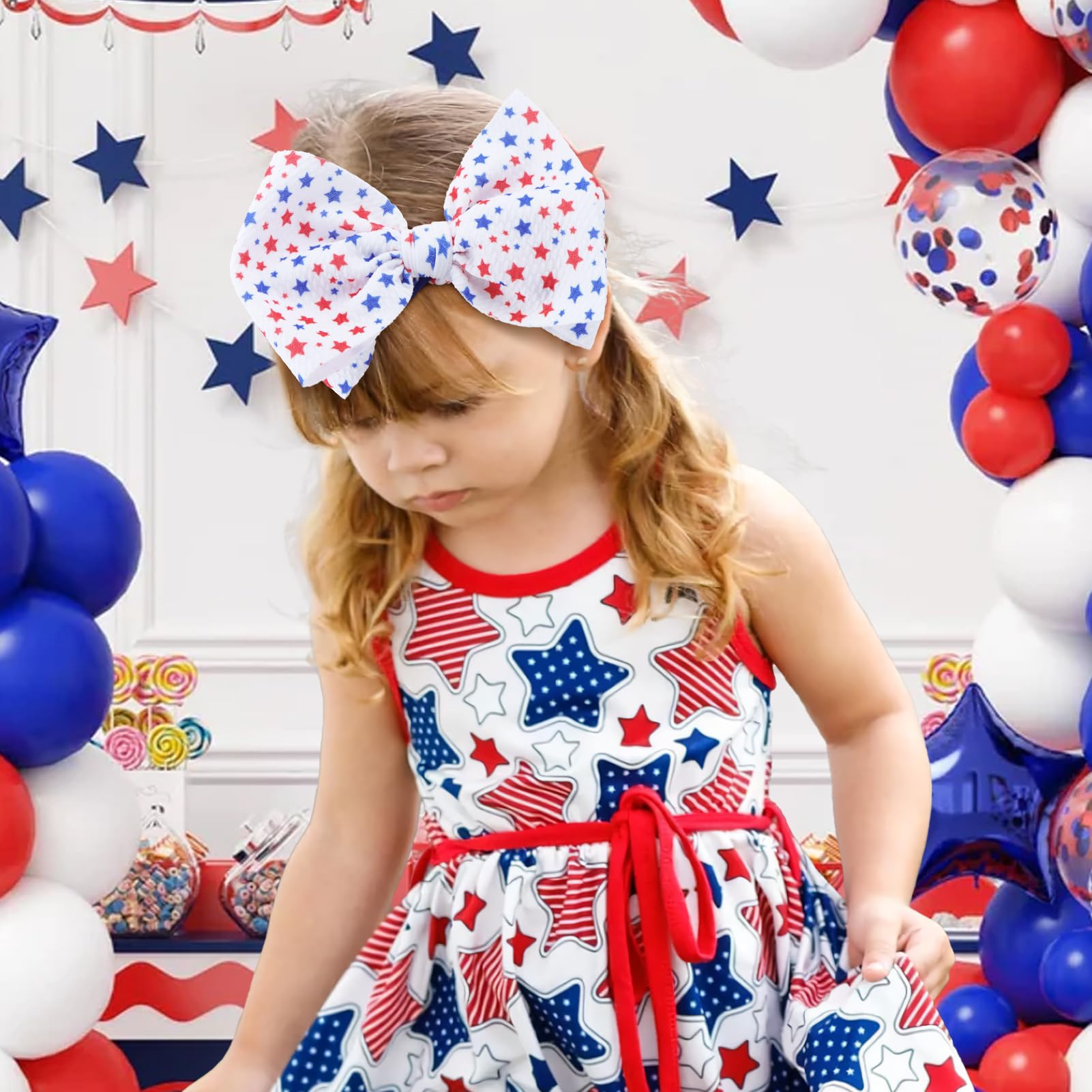Lanmerry patriotic headbands for newborns showcase red, white, blue styling.