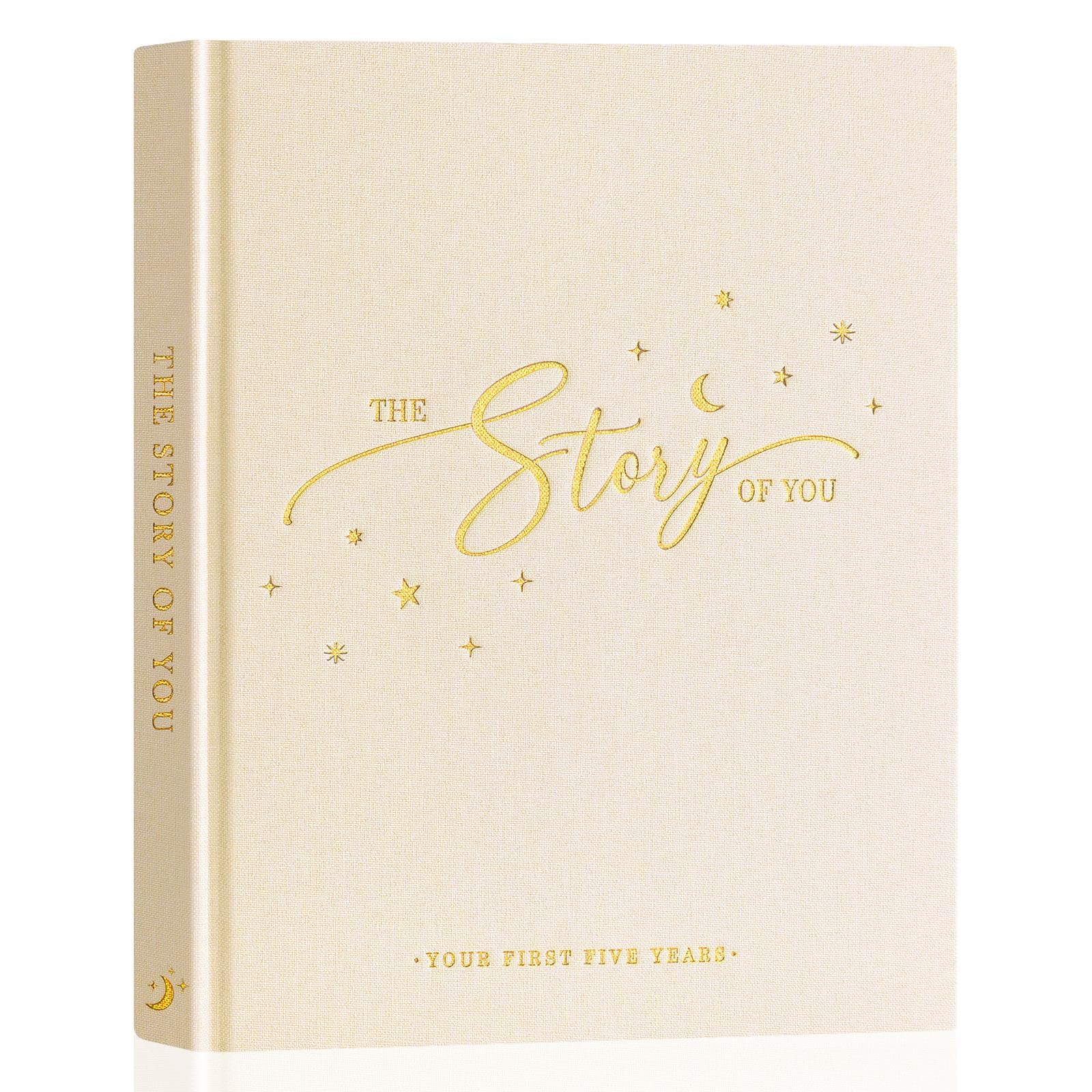 Lanpn baby memory book cover with gold foil and linen texture for heirloom quality