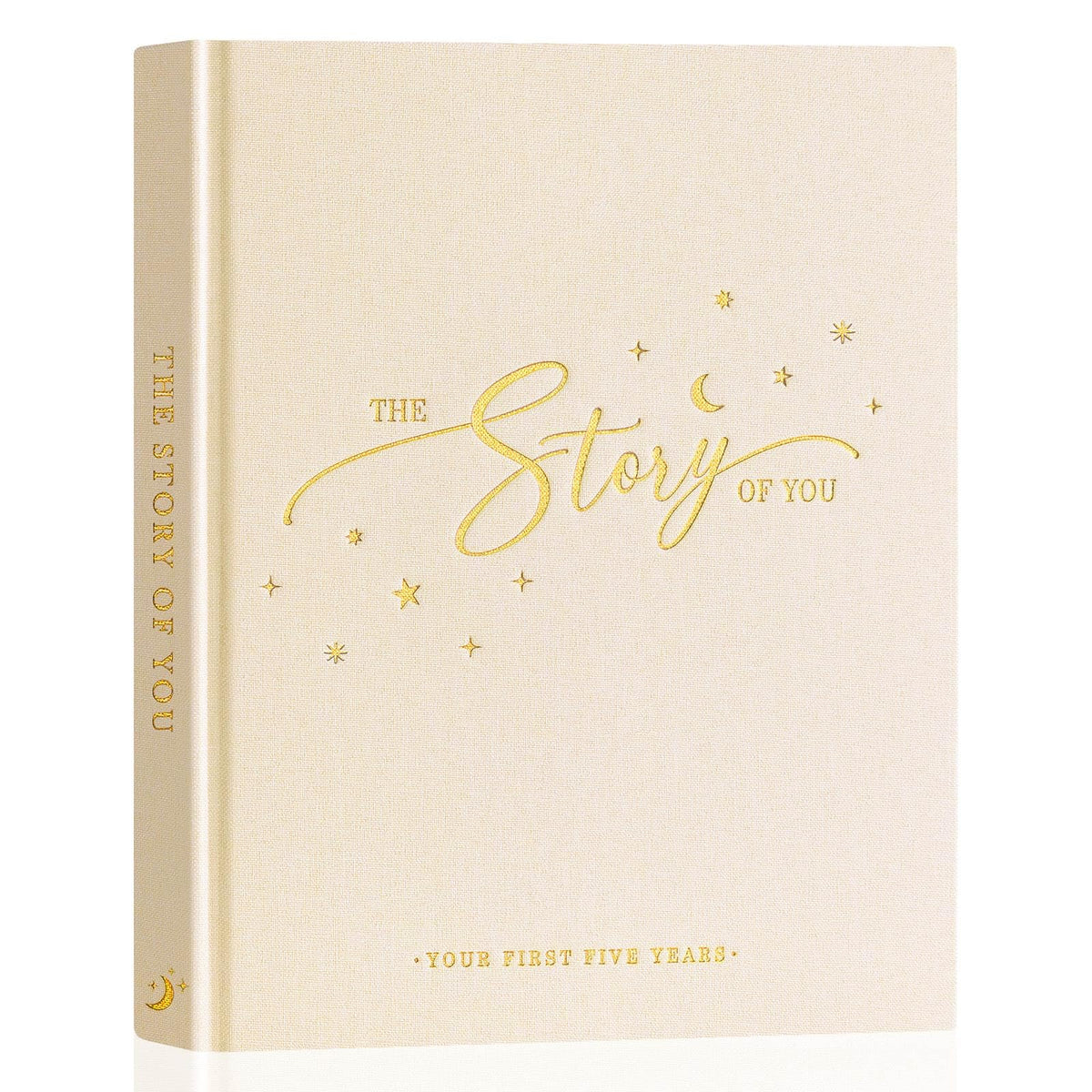 Lanpn baby memory book cover with gold foil and linen texture for heirloom quality