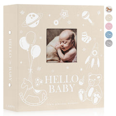 Lanpn baby photo album cover in beige linen with window for a timeless keepsake.
